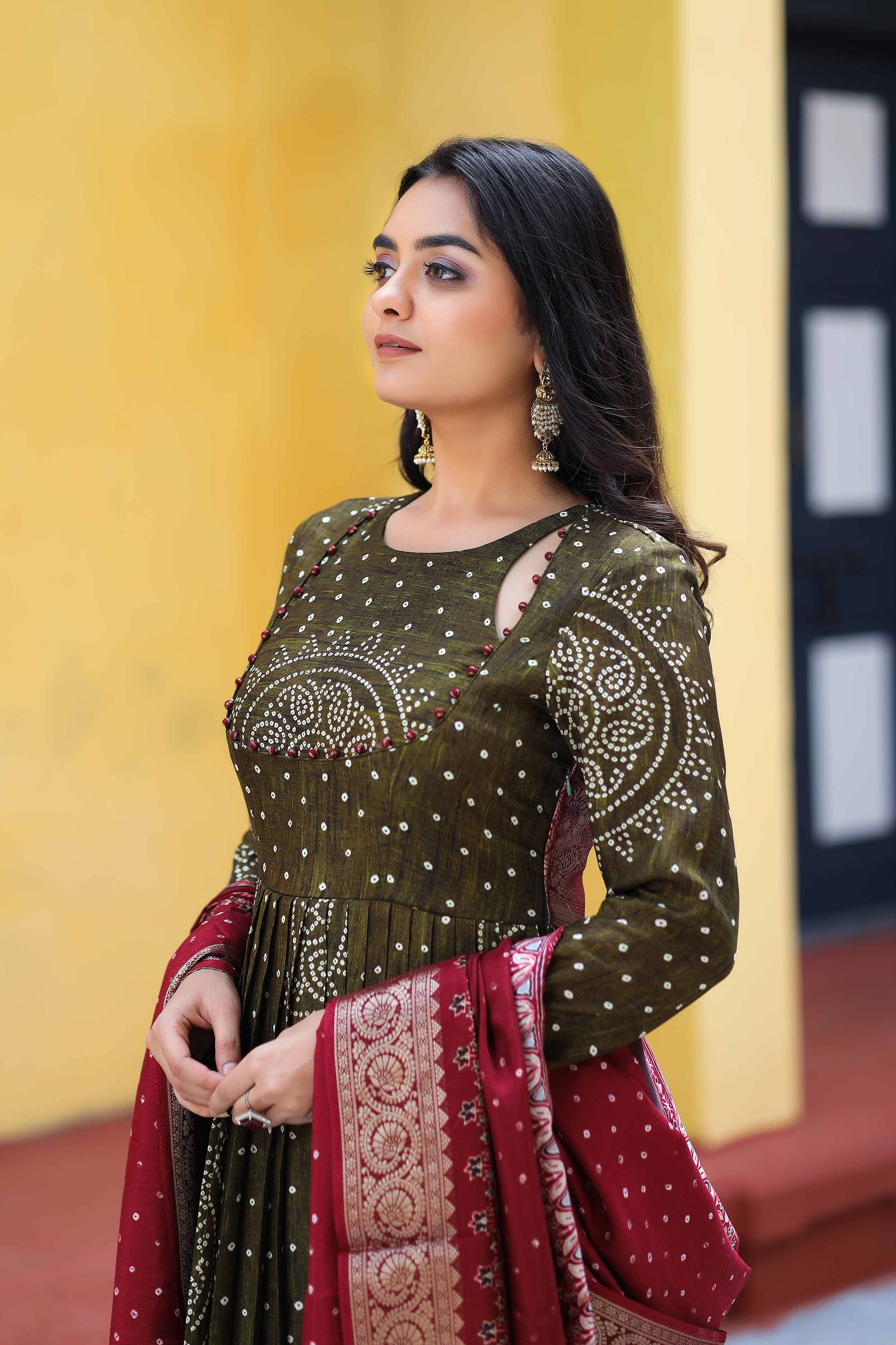 a woman in Bandhani Anarkali Set