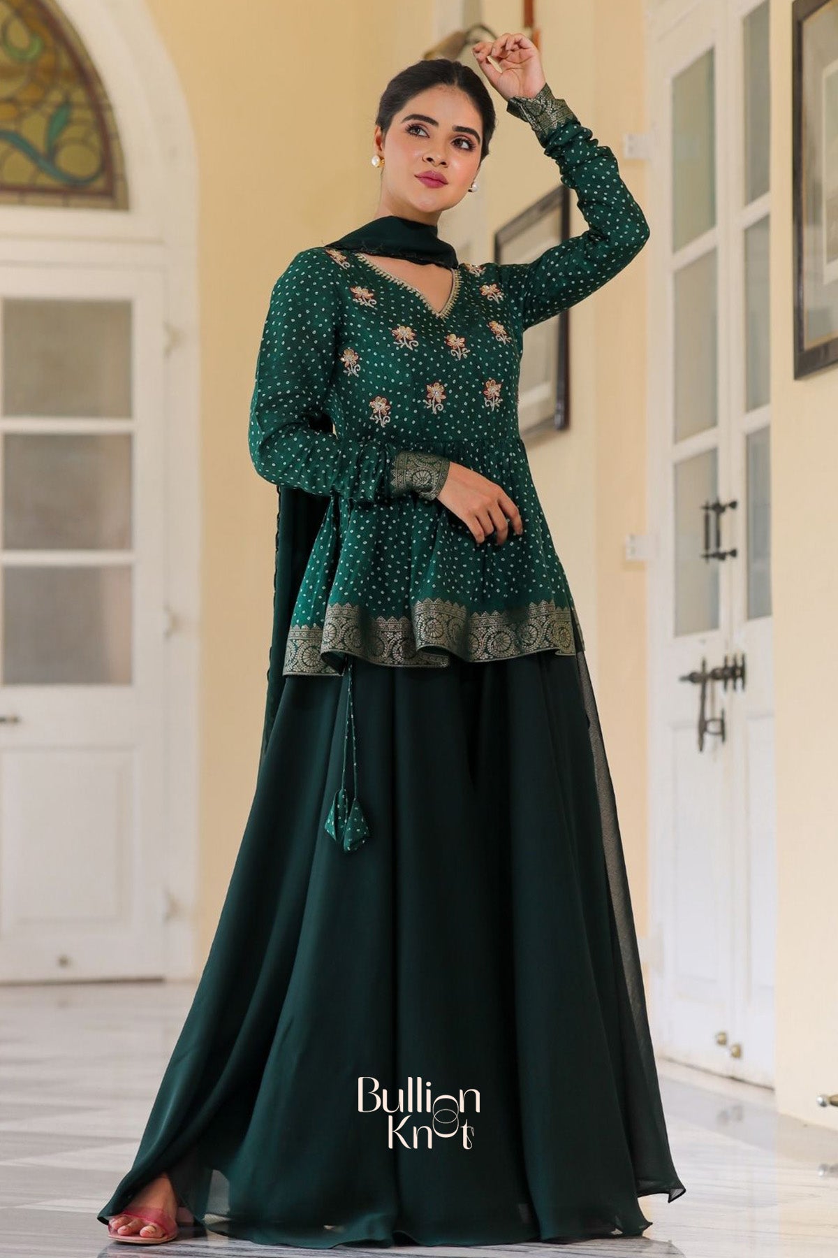 Exclusive Fancy Dress- Sanika IndoWestern in Deep Green at bullionknot