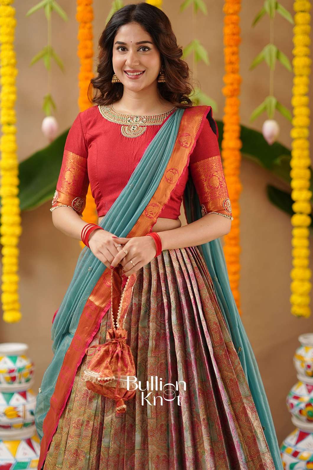 Sanskruti Red Semi-kanjivaram Lehenga Set with Potli Purse