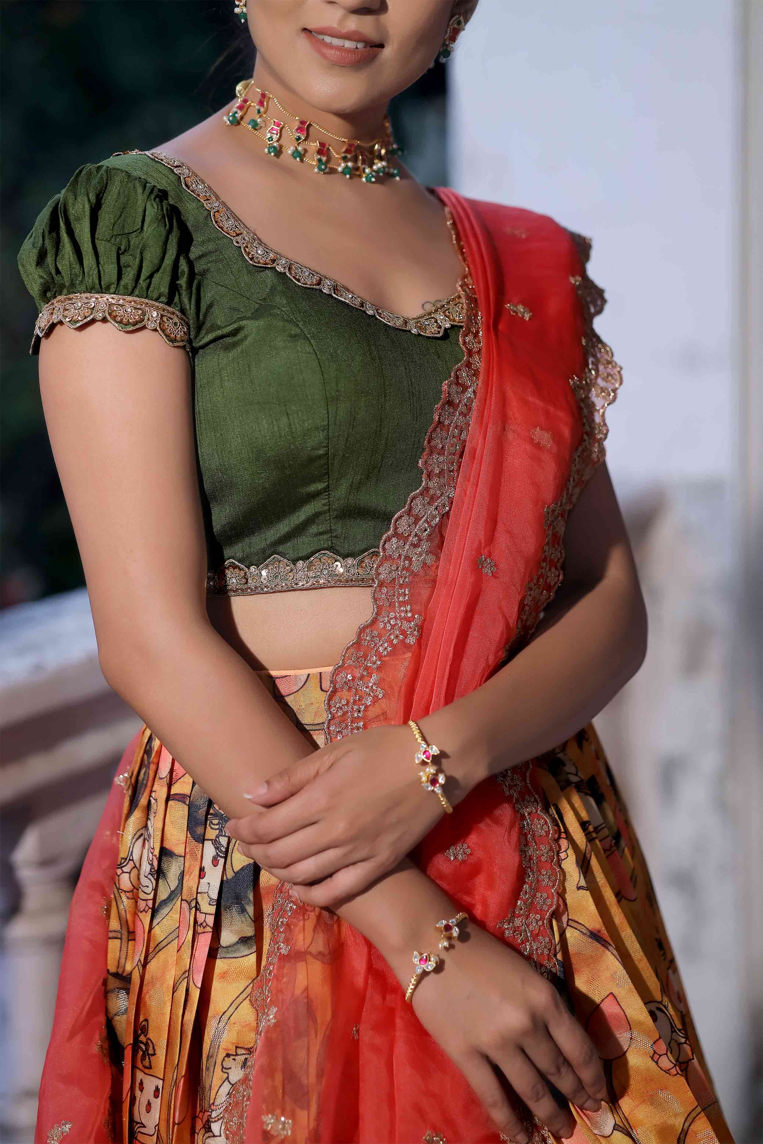 mehndi green and yellow kalamkari lehenga set