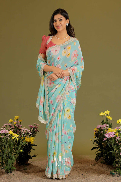 Senorita Retro Print Saree in Ice Blue