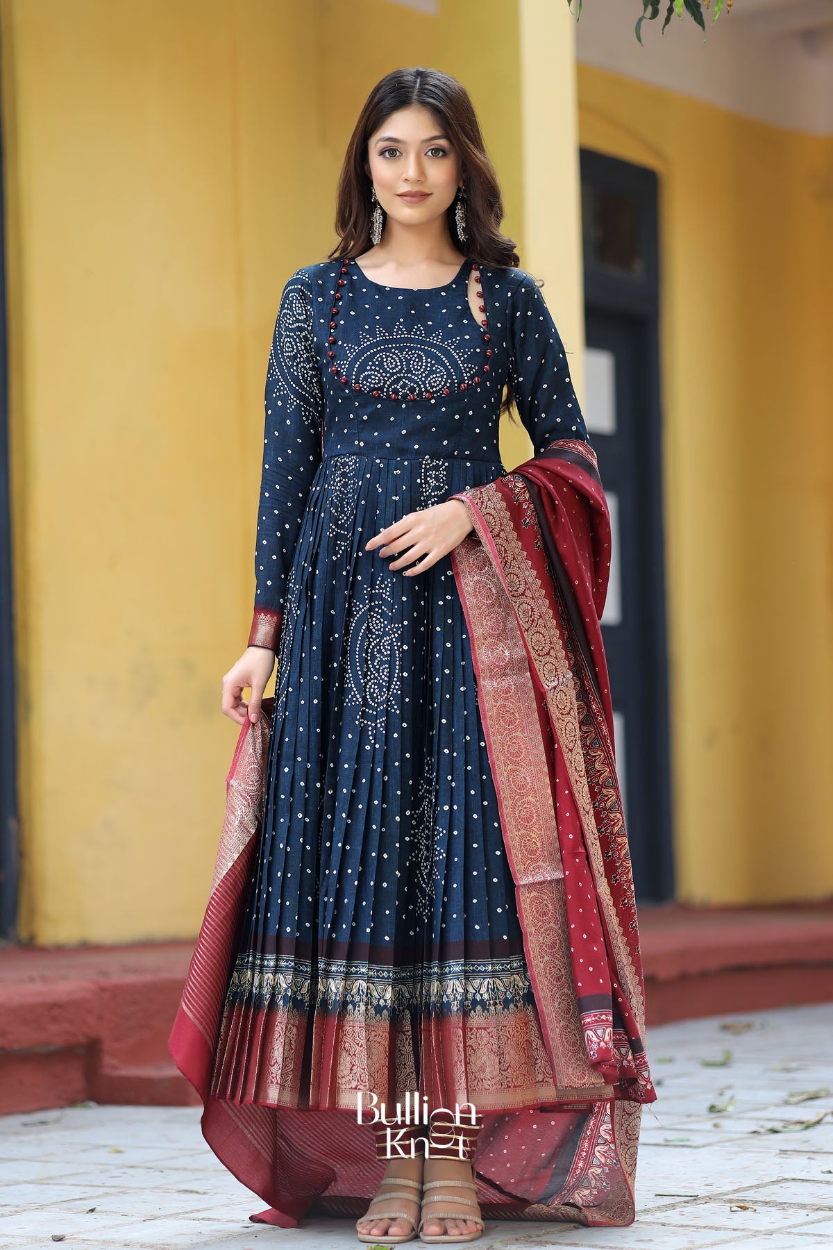 Shayla Bandhani Anarkali Suit Set in Navy Blue