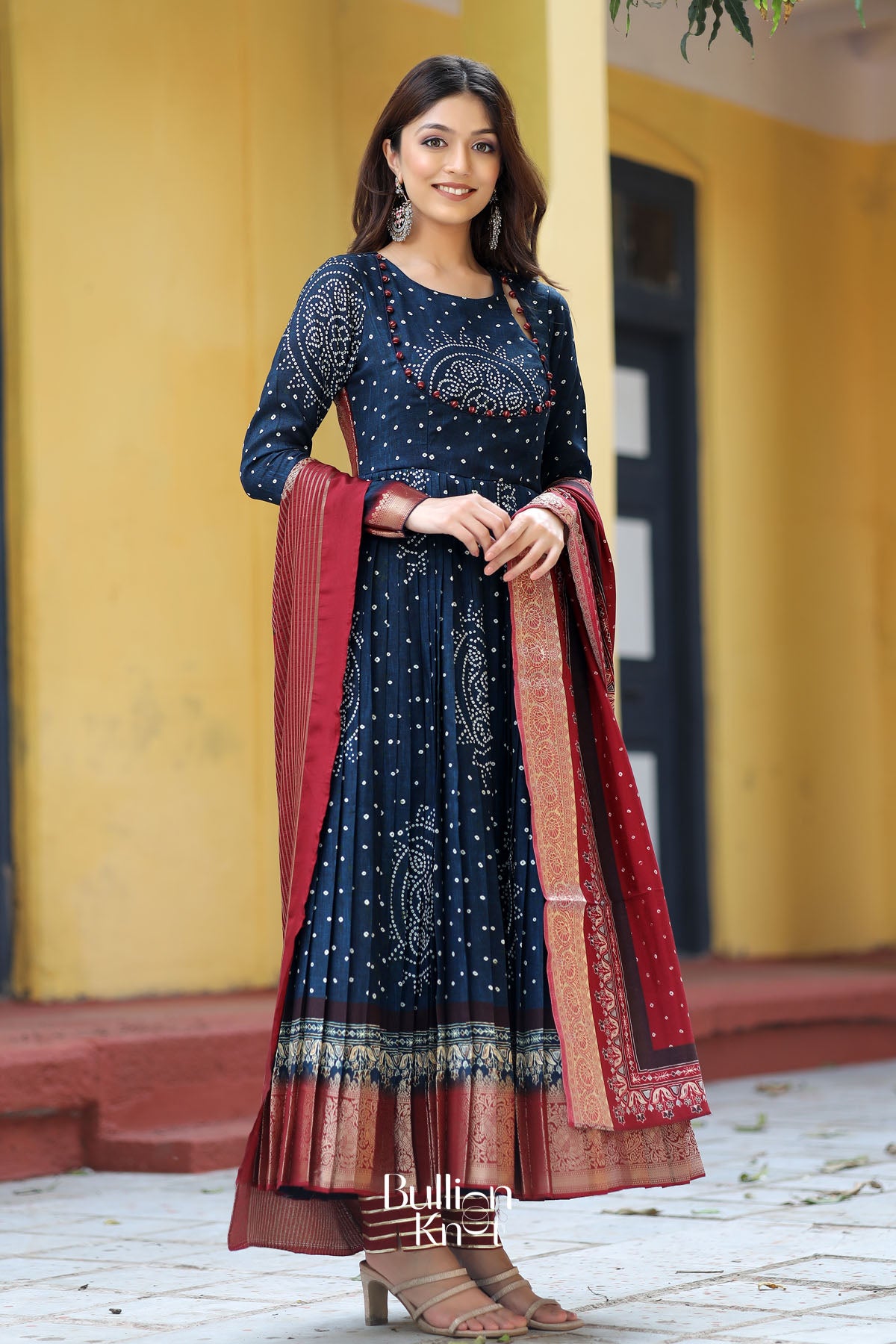 Shayla Bandhani Anarkali Suit Set in Navy Blue