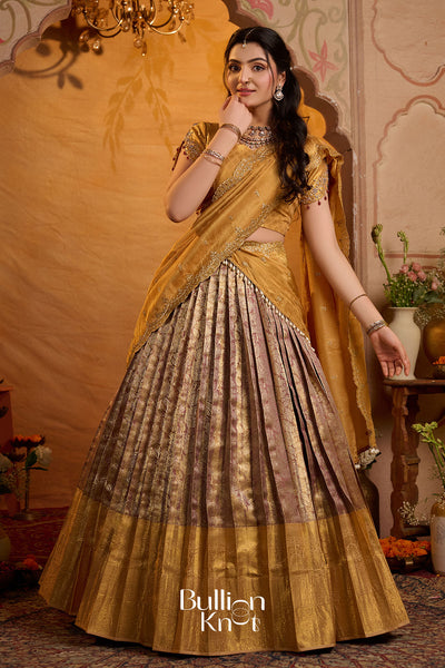Hemanjali Banarasi Silk Lehenga Set In Golden