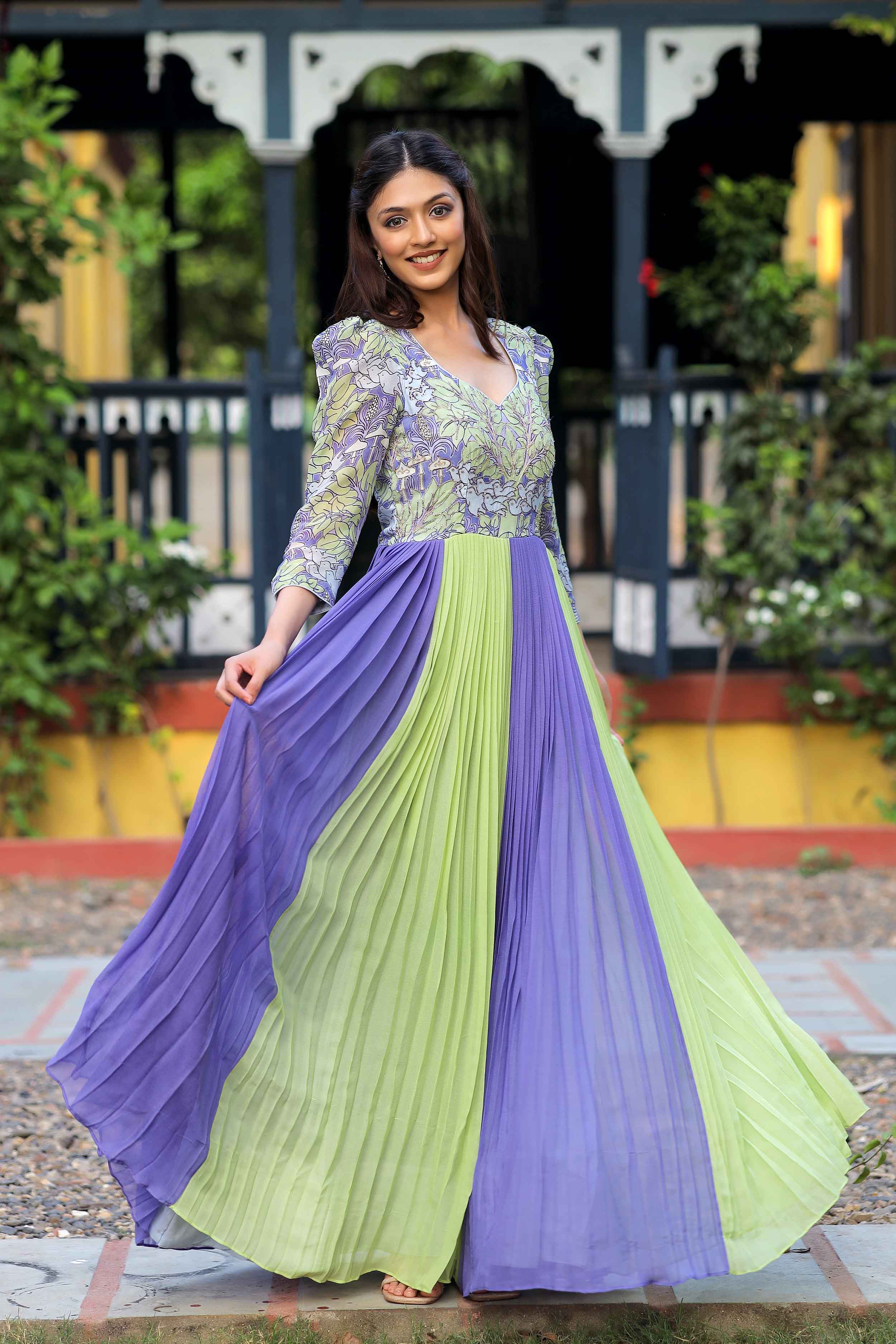 a woman in blue long dress