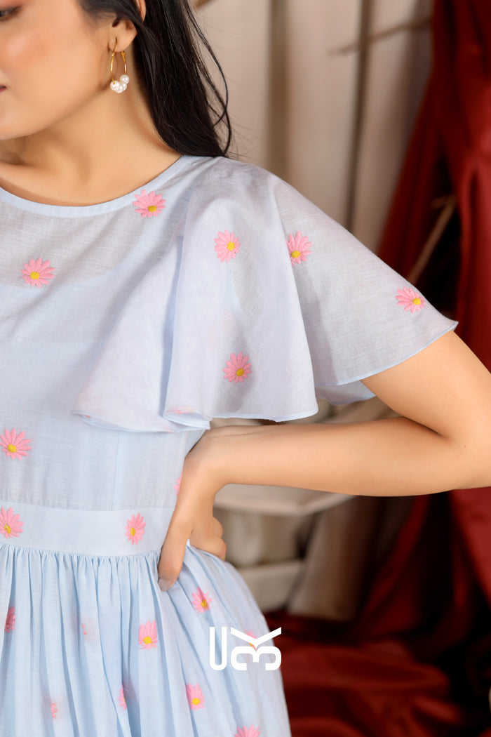 Starfish Summer Powder Blue Cotton  Ruffle Midi Dress