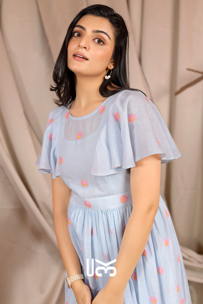 Starfish Summer Powder Blue Cotton  Ruffle Midi Dress