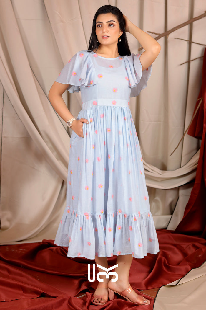 Starfish Summer Powder Blue Cotton  Ruffle Midi Dress