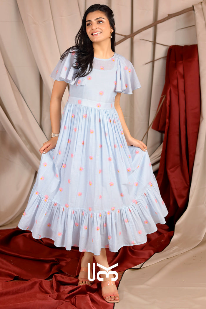 Starfish Summer Powder Blue Cotton  Ruffle Midi Dress