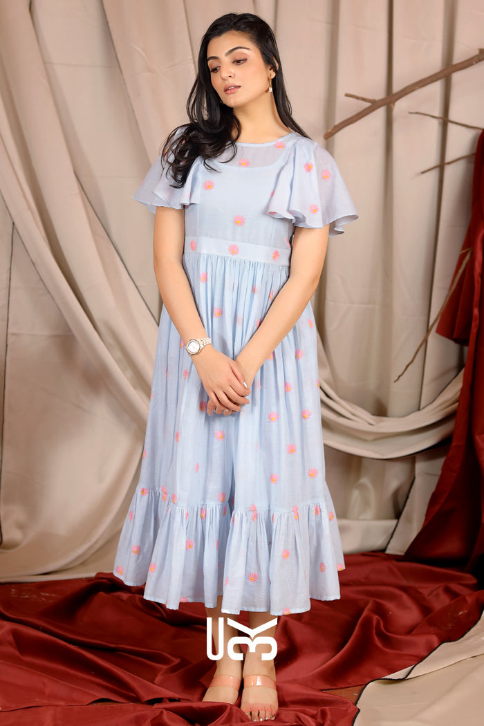 Starfish Summer Powder Blue Cotton  Ruffle Midi Dress