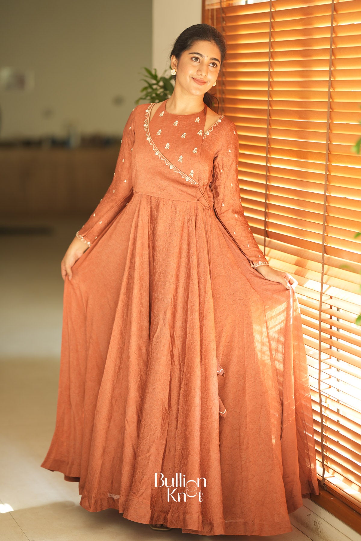 Exclusive Lehenga - Sumedha Crush space silk Dress in Rust at bullionknot Exclusive Lehenga - Sumedha Crush space silk Dress in Rust at bullionknot