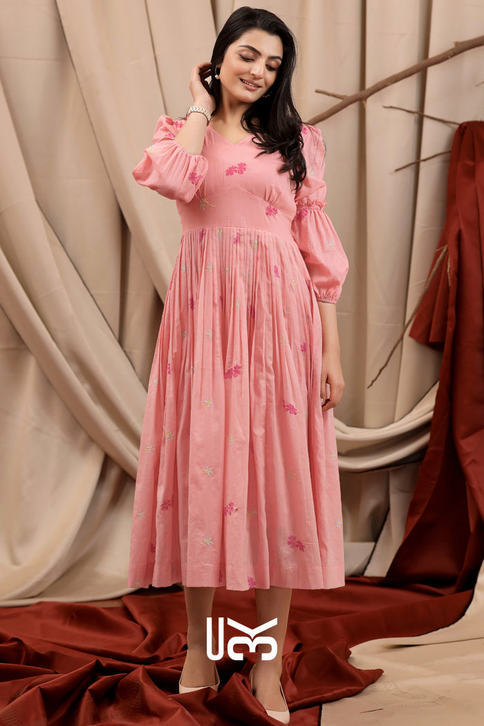 Cosmos Summer Pink Cotton Midi Dress