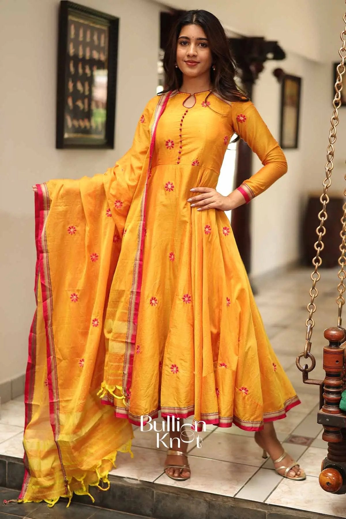 Suneeti Yellow Handloom Anarkali Kurta Set