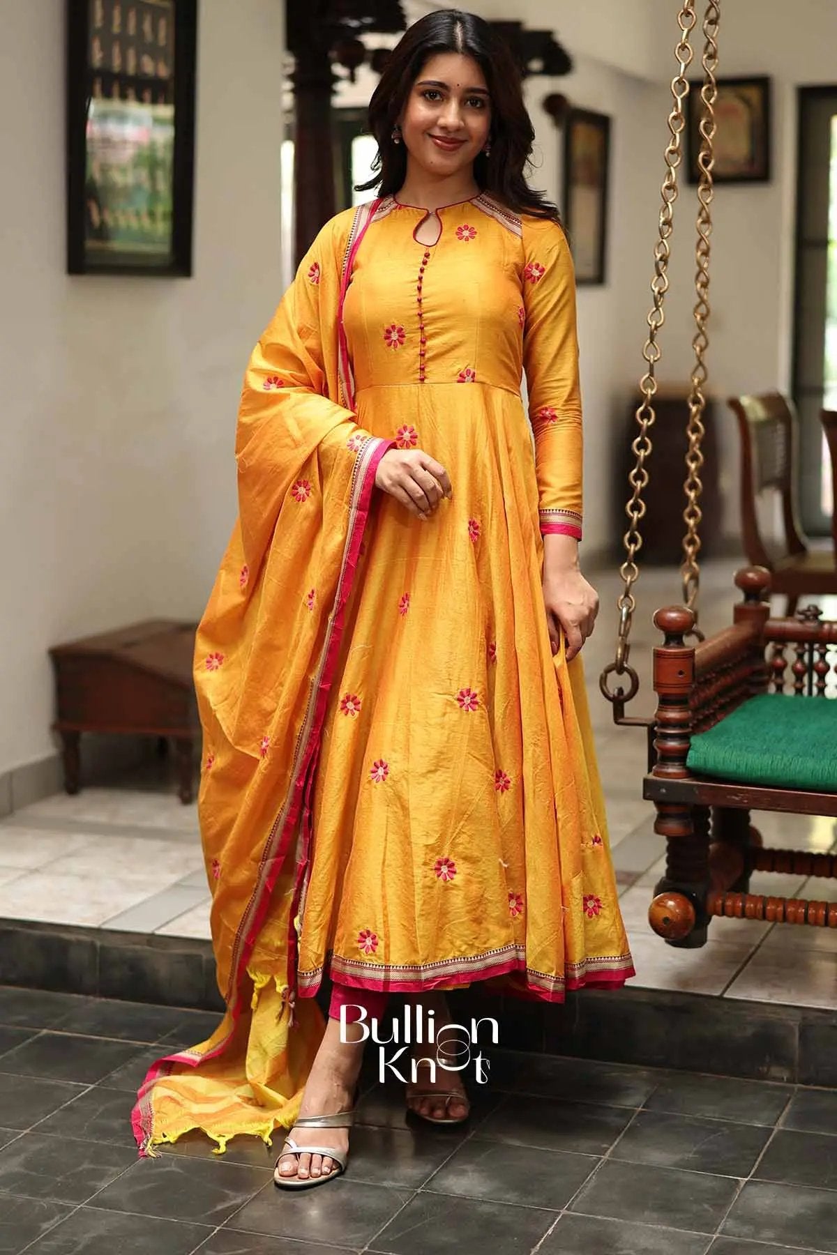 Suneeti Yellow Handloom Anarkali Kurta Set