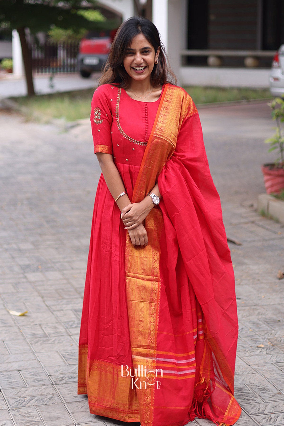 Sutrangi Handloom Anarkali (Dress) in Red
