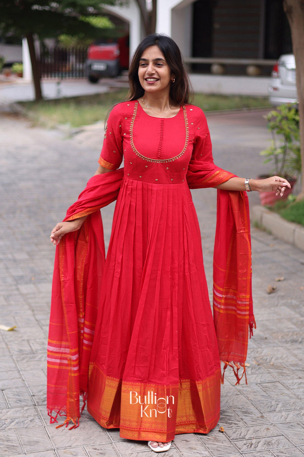 Sutrangi Handloom Anarkali (Dress) in Red