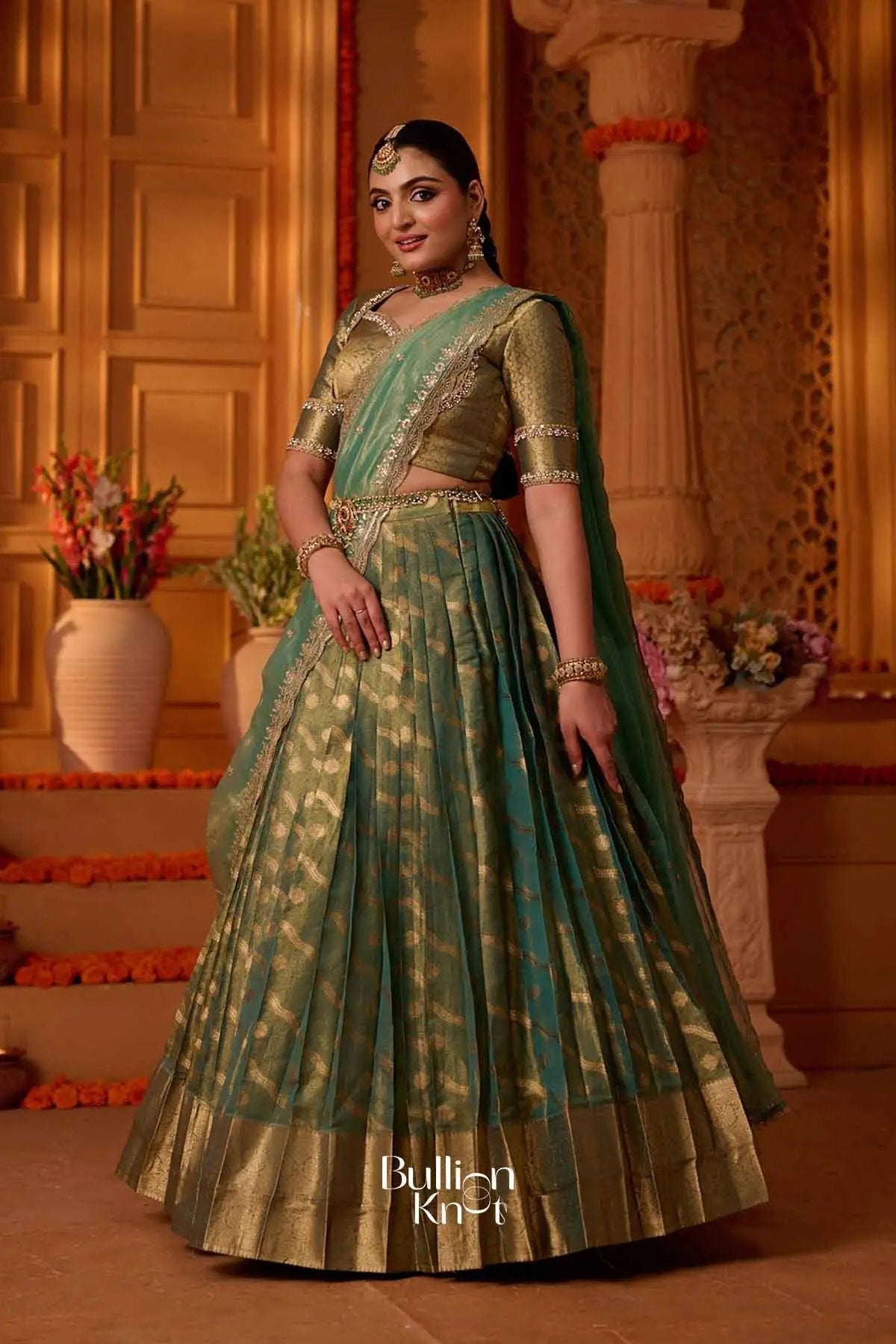 Suvarnadhara | Banarasi Sage  Green Half Saree for Engagements
