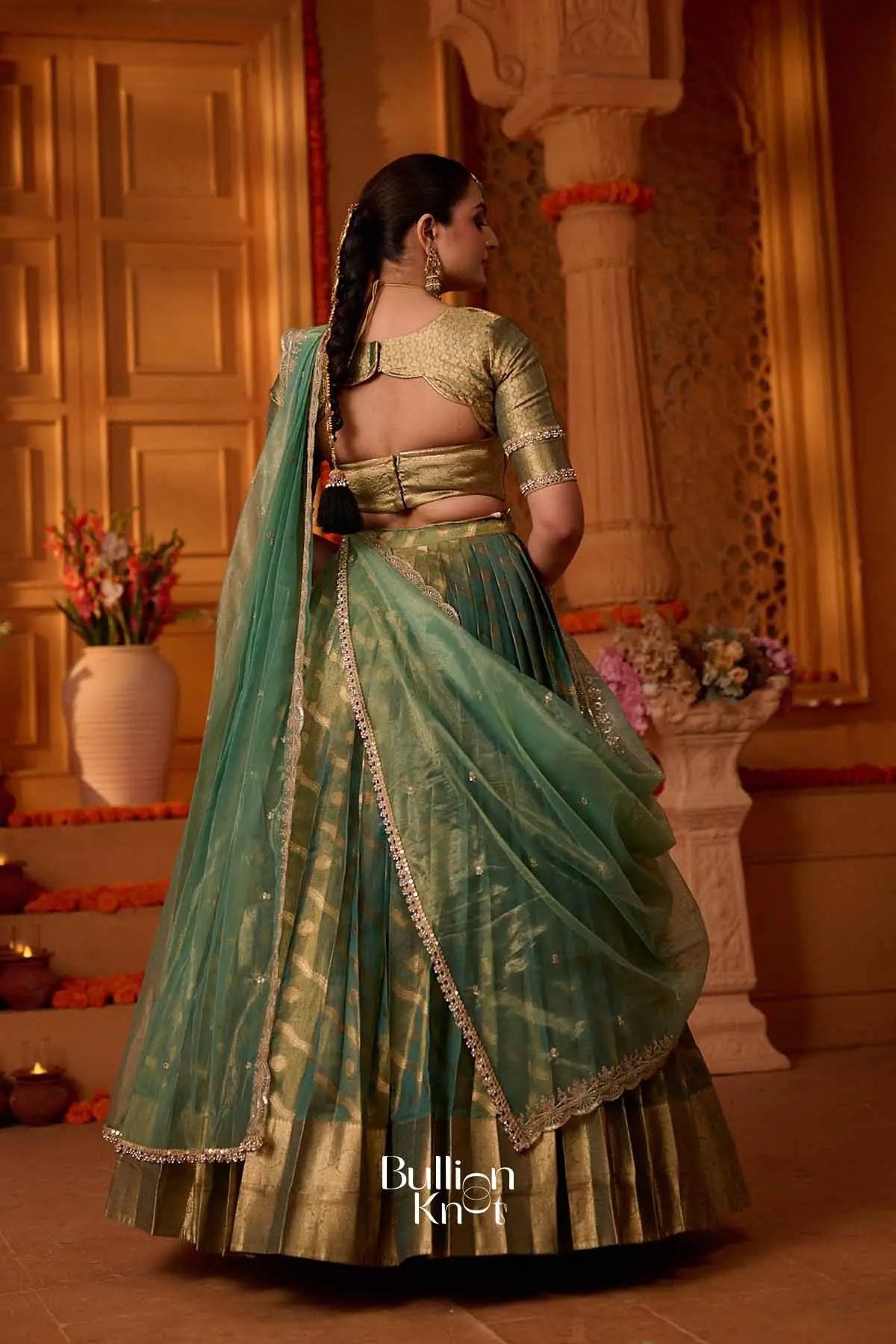 Suvarnadhara | Banarasi Sage  Green Half Saree for Engagements