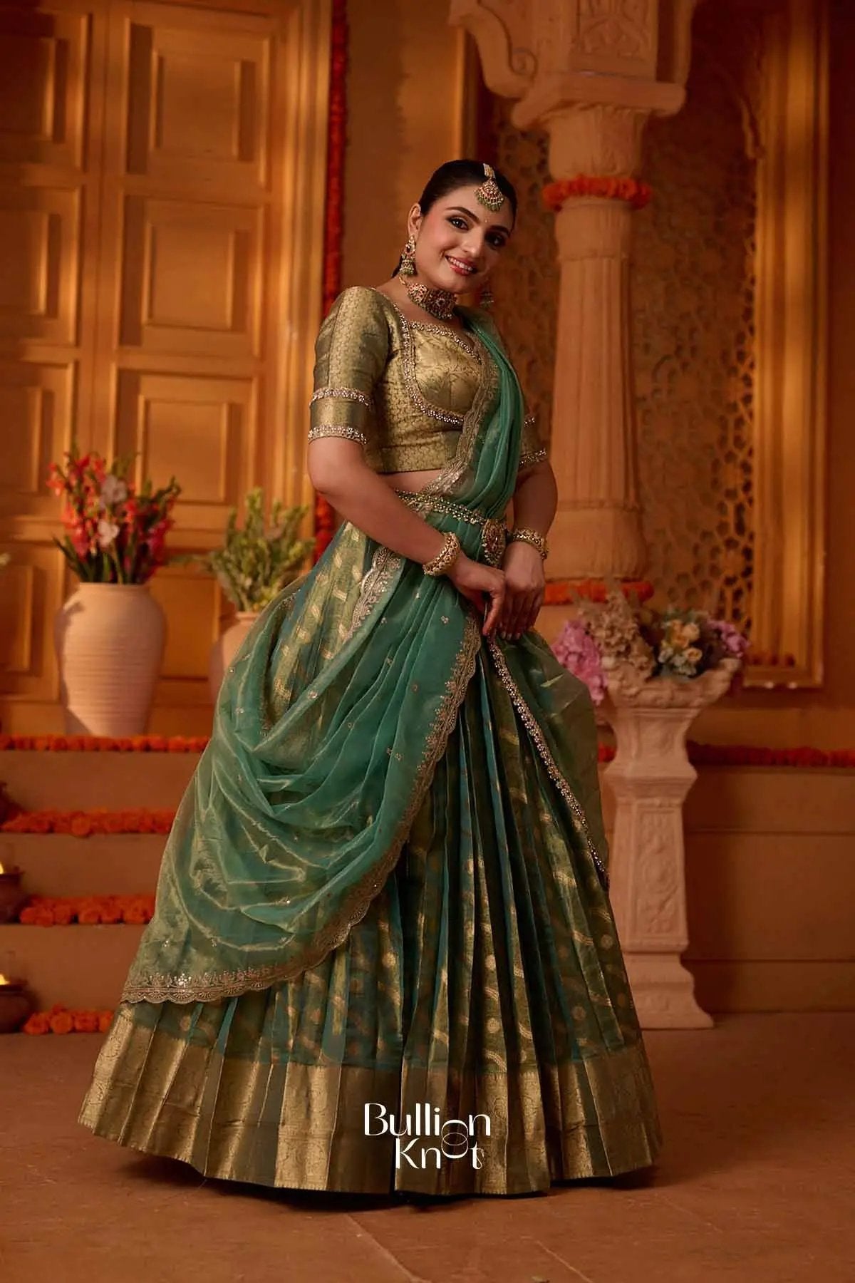 Suvarnadhara | Banarasi Sage  Green Half Saree for Engagements