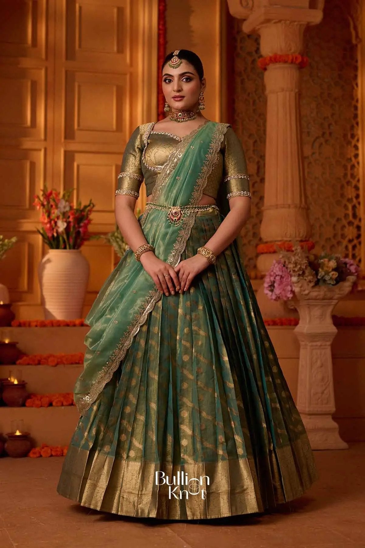 Suvarnadhara | Banarasi Sage  Green Half Saree for Engagements