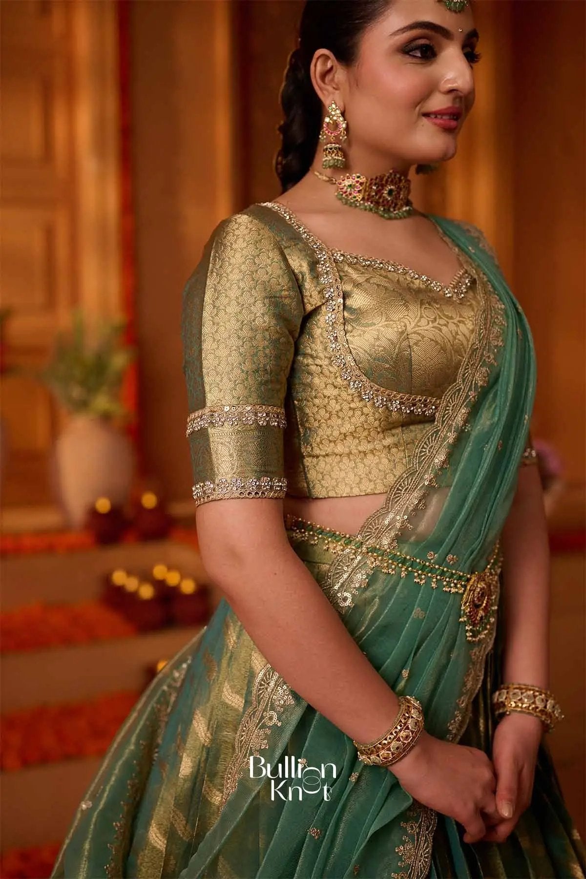Suvarnadhara | Banarasi Sage  Green Half Saree for Engagements