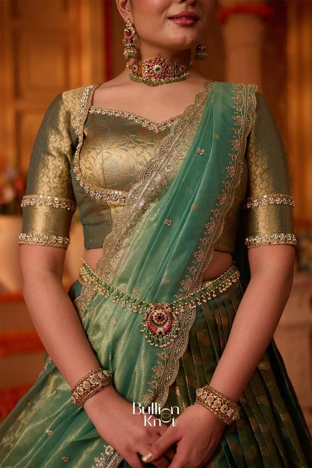 Suvarnadhara | Banarasi Sage  Green Half Saree for Engagements