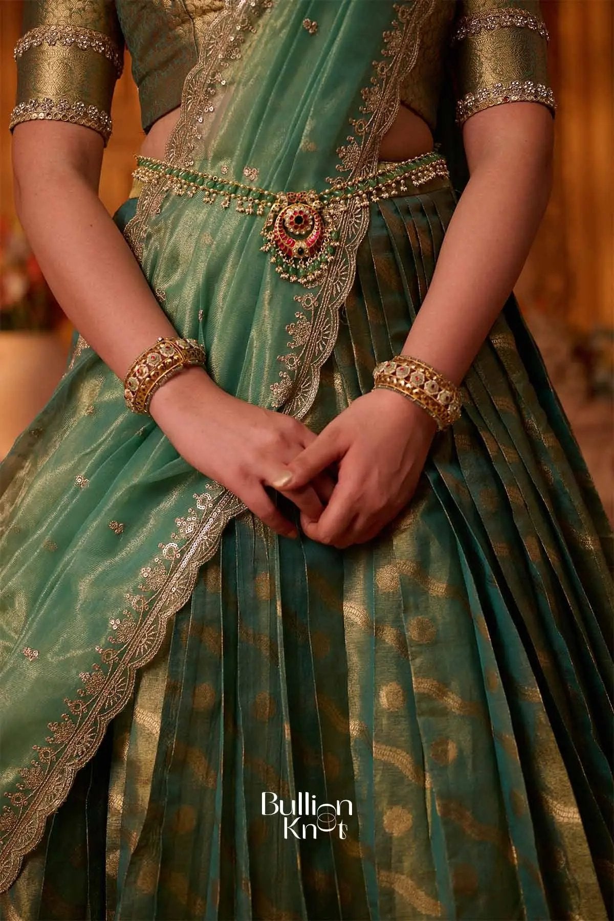 Suvarnadhara | Banarasi Sage  Green Half Saree for Engagements