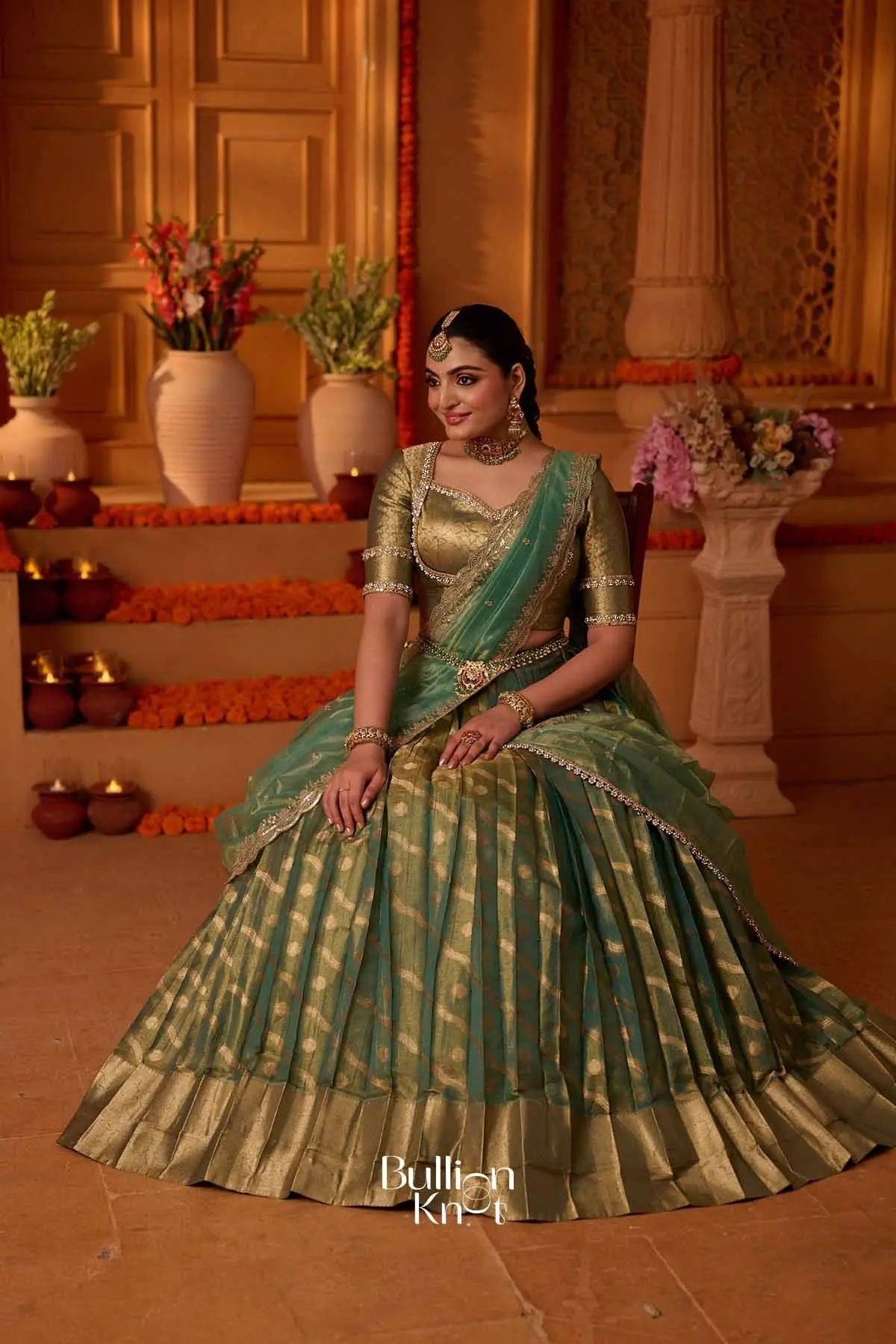 Suvarnadhara | Banarasi Sage  Green Half Saree for Engagements
