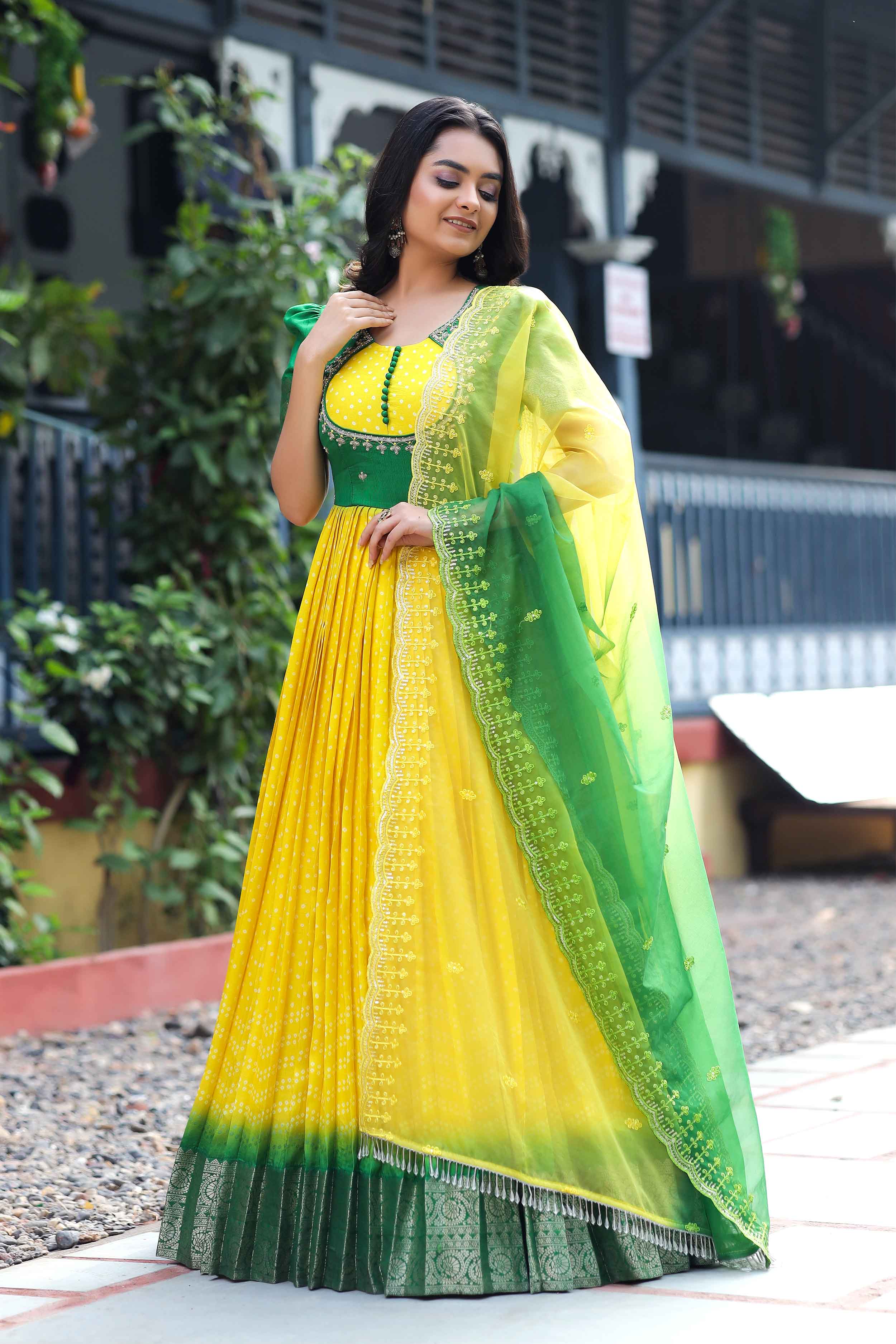 Lemon Yellow Banarasi Anarkali Dress