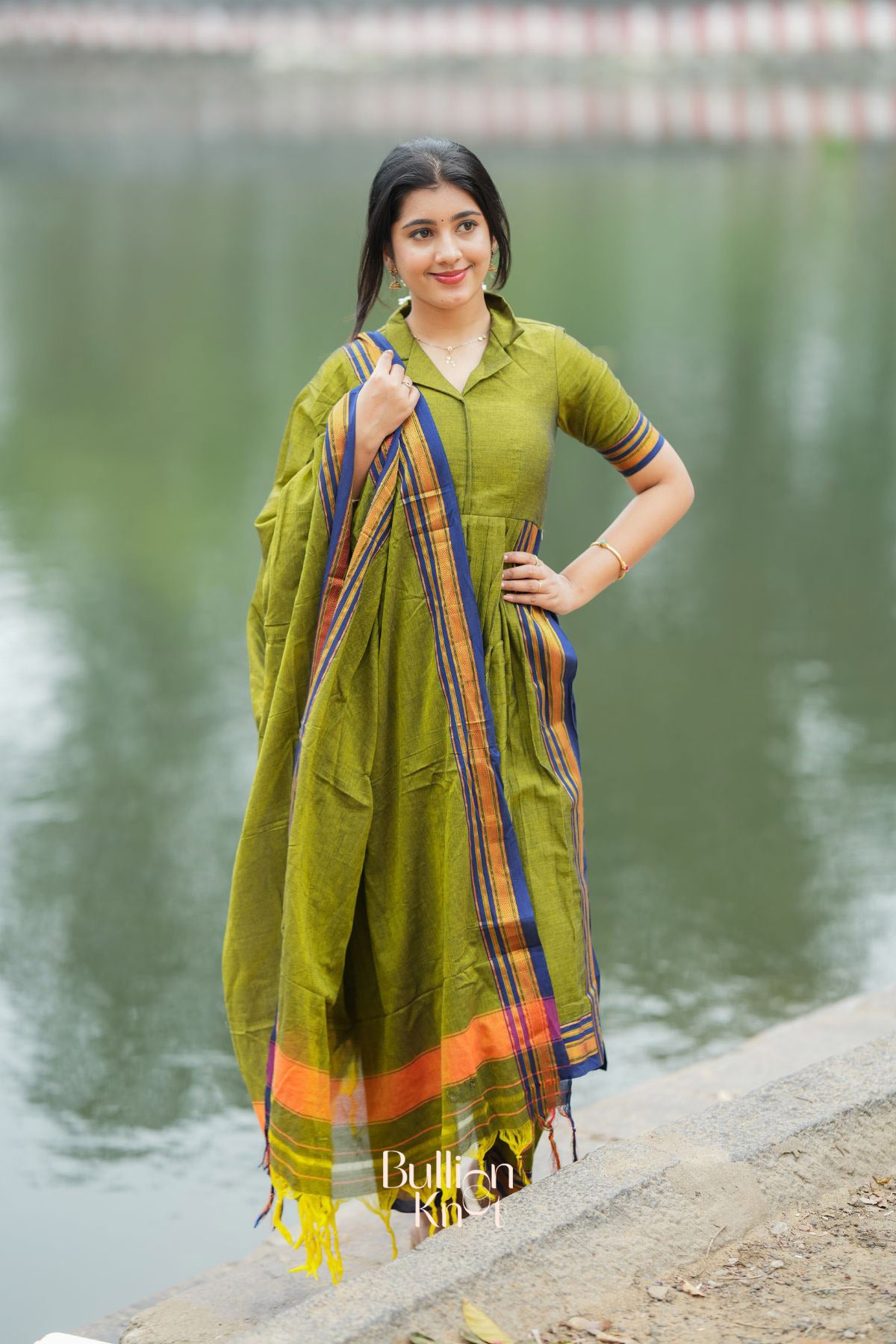 Syahi Handloom Suit Set in Olive Green