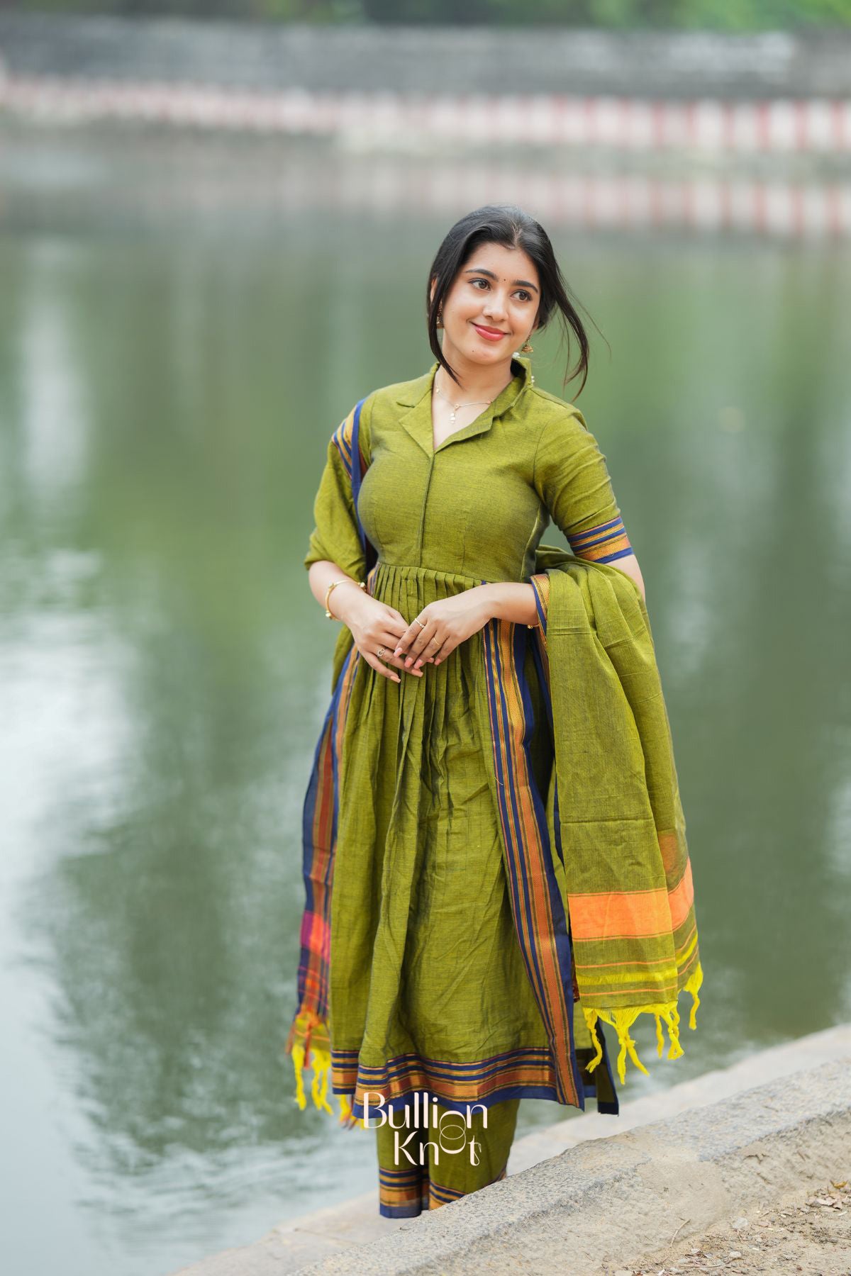 Syahi Handloom Suit Set in Olive Green