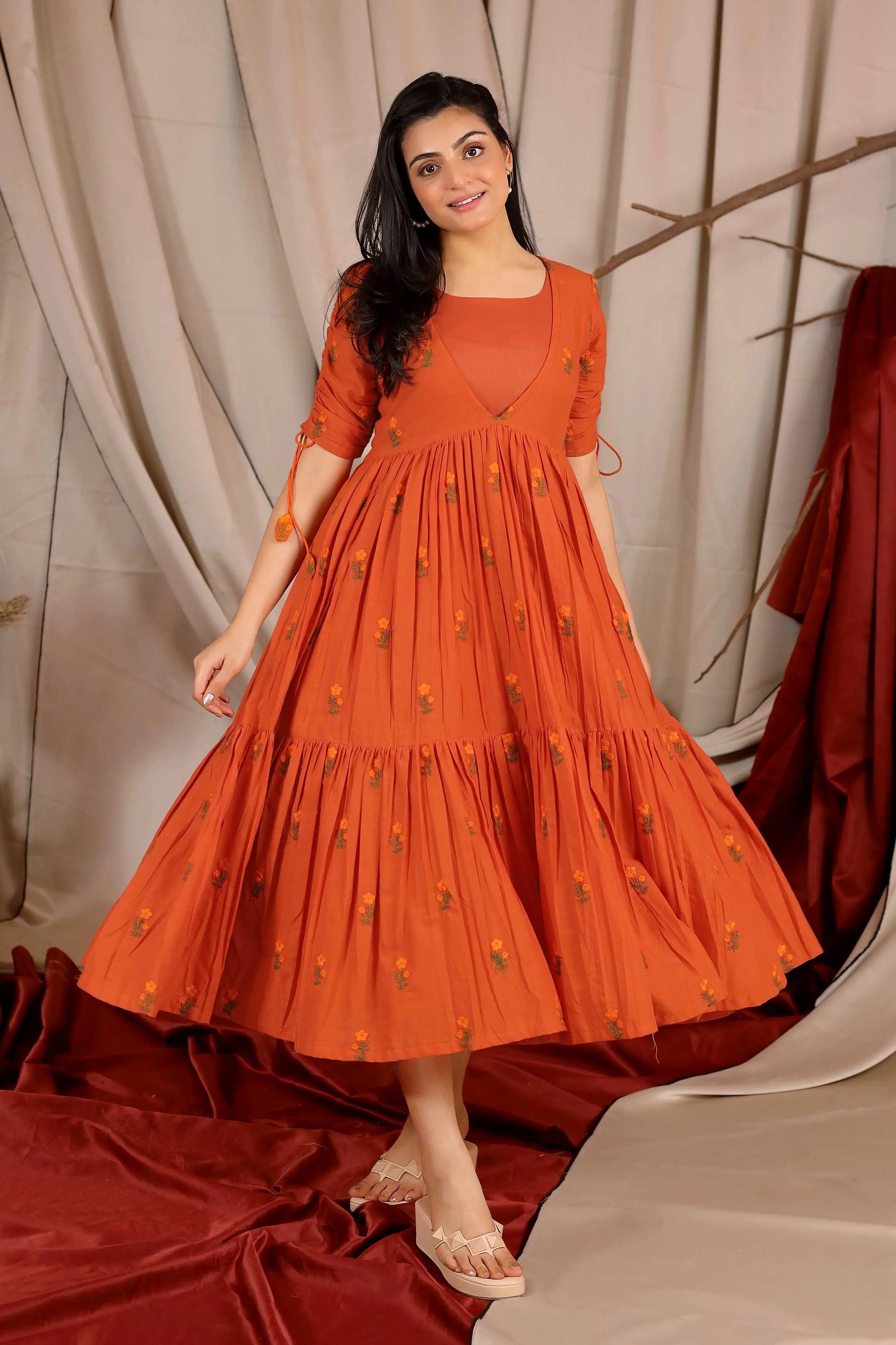 Tangerine Cotton Midi Dress in Yam - Bullionknot