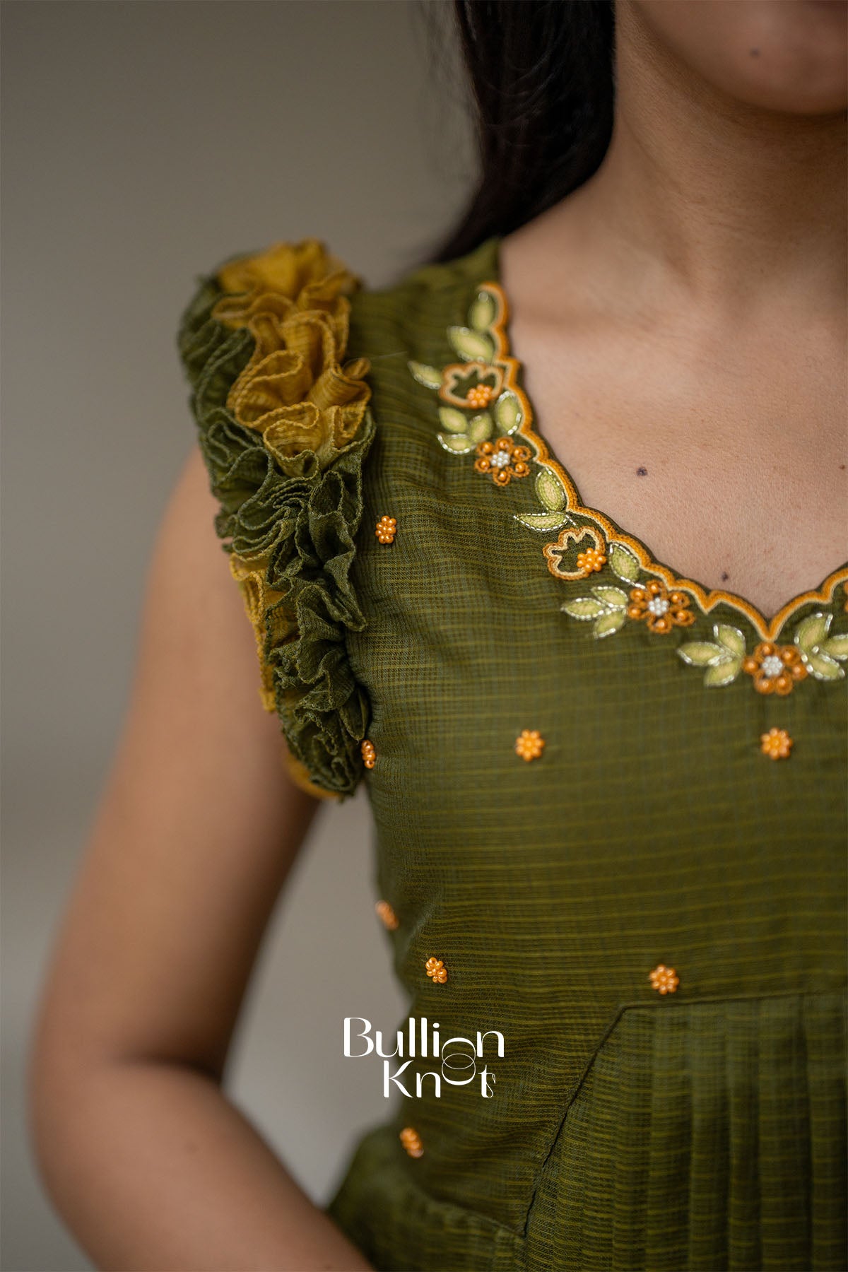 Teracotta Olive Green Kota Ruffle Midi Dress  handwork