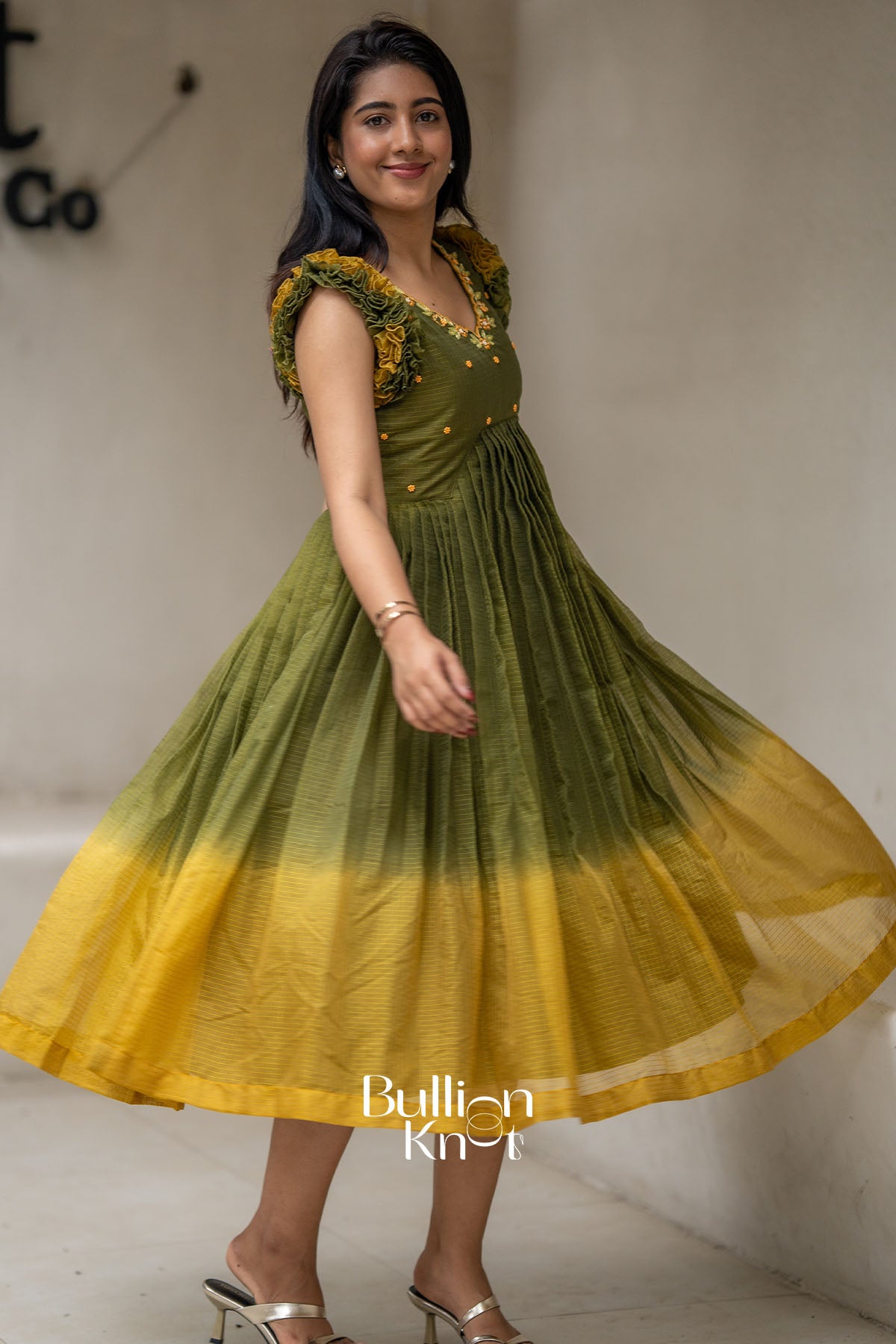 Teracotta Olive Green Ruffle Midi Dress - Perfect for Festive Gatherings |  Bullionknot