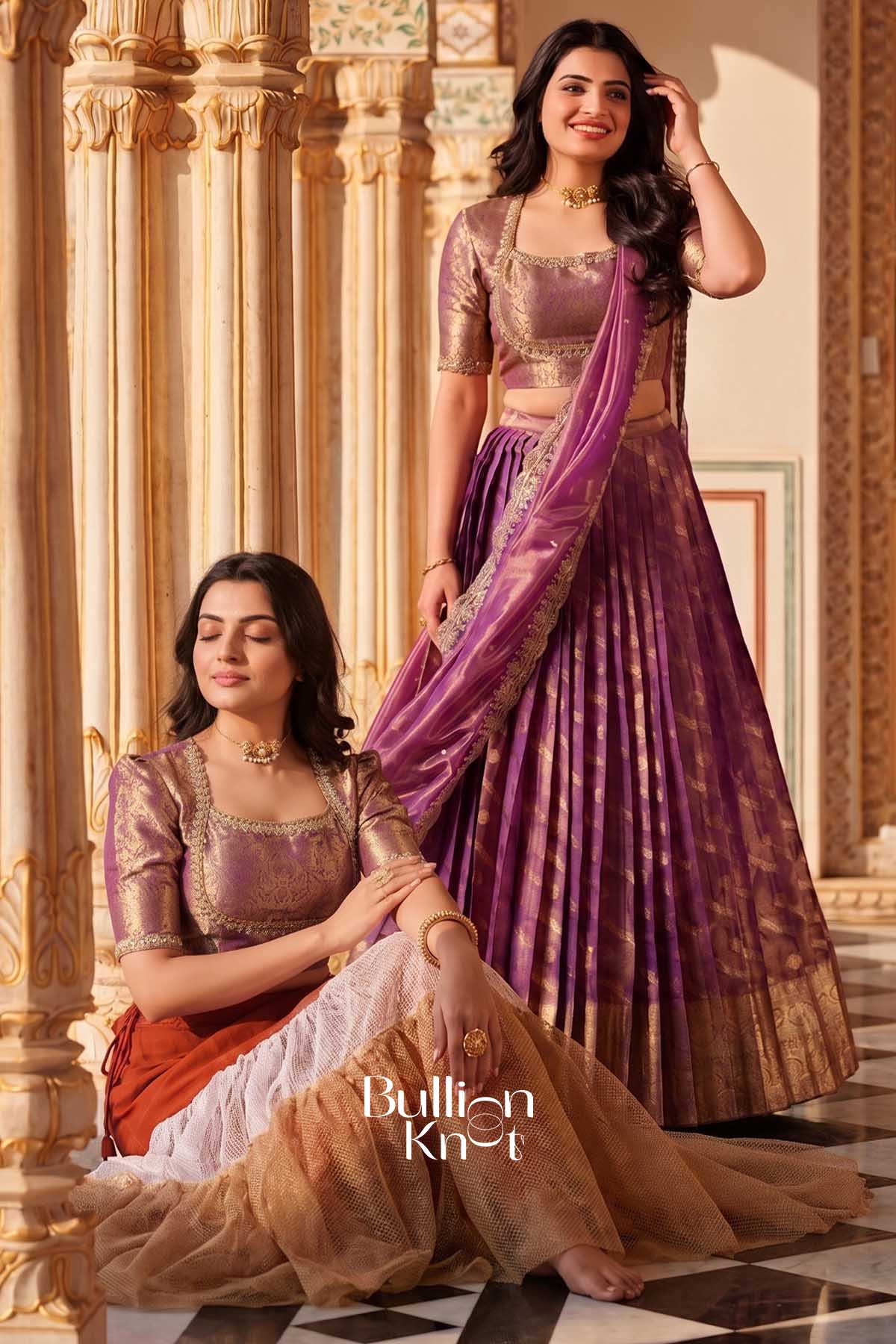Women in purple traditional lehenga with gold accents, indoor setting