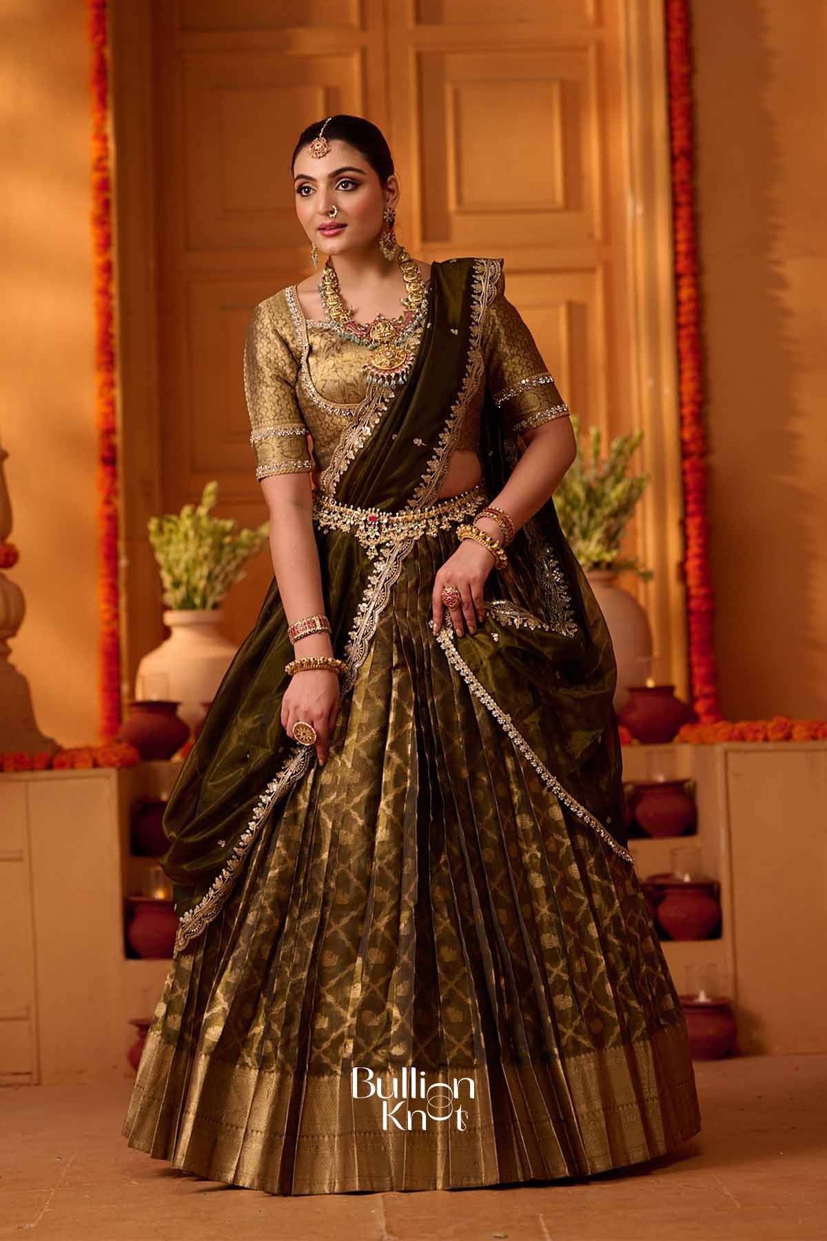 Vansona | Banarasi silk Olive Green Lehenga Set for Festive Wedding