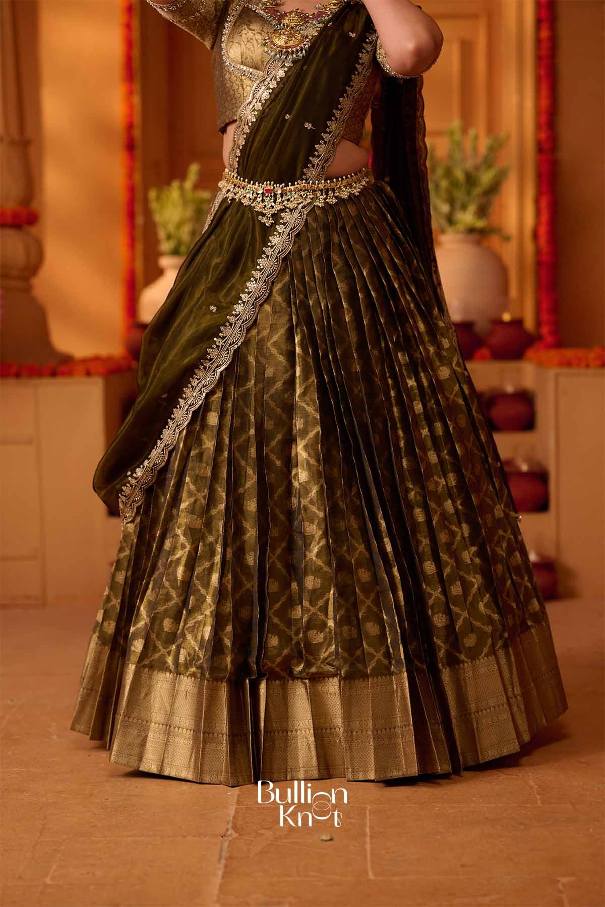 Vansona | Banarasi silk Olive Green Lehenga Set for Festive Wedding