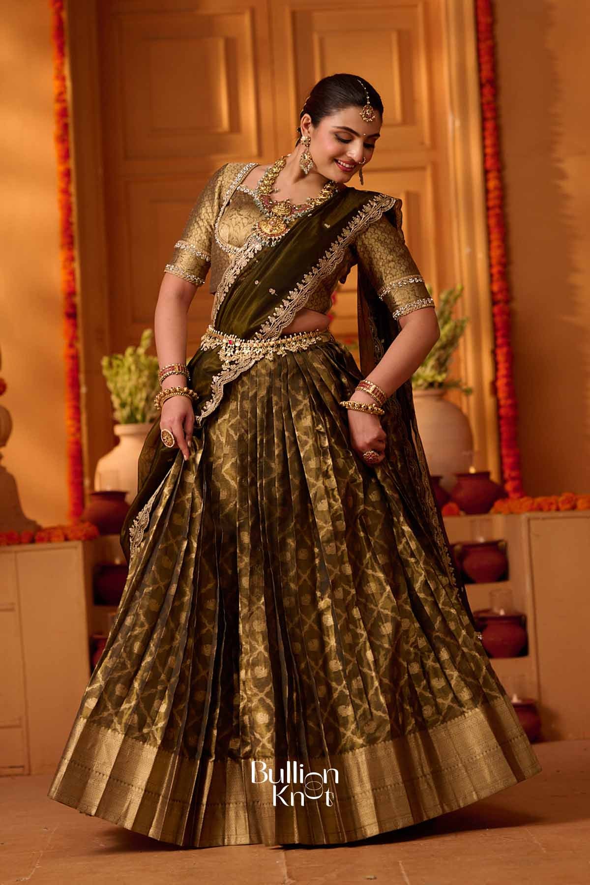 Vansona | Banarasi silk Olive Green Lehenga Set for Festive Wedding