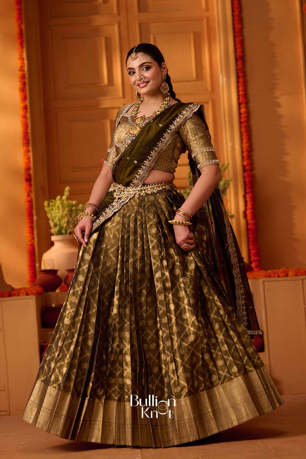 Vansona | Banarasi silk Olive Green Lehenga Set for Festive Wedding