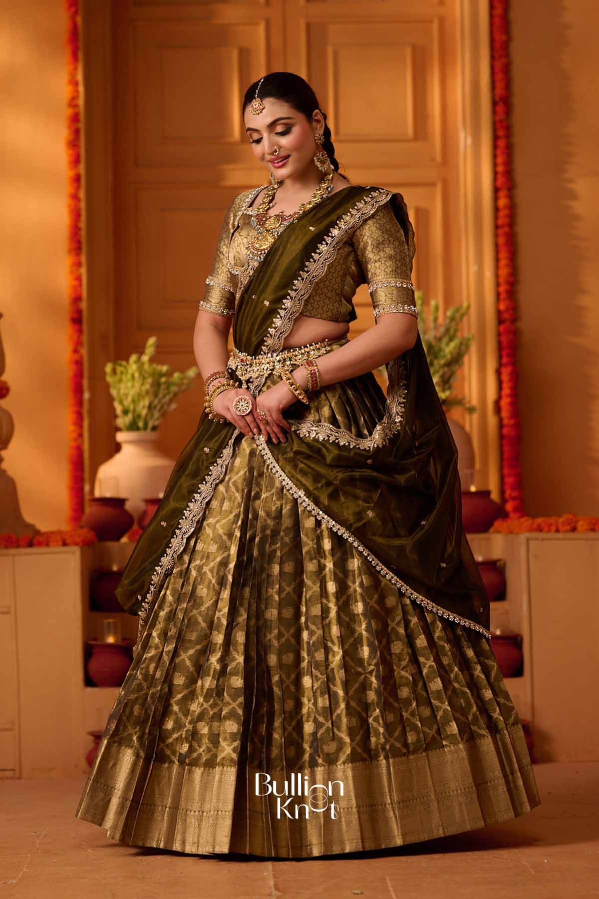 Vansona | Banarasi silk Olive Green Lehenga Set for Festive Wedding