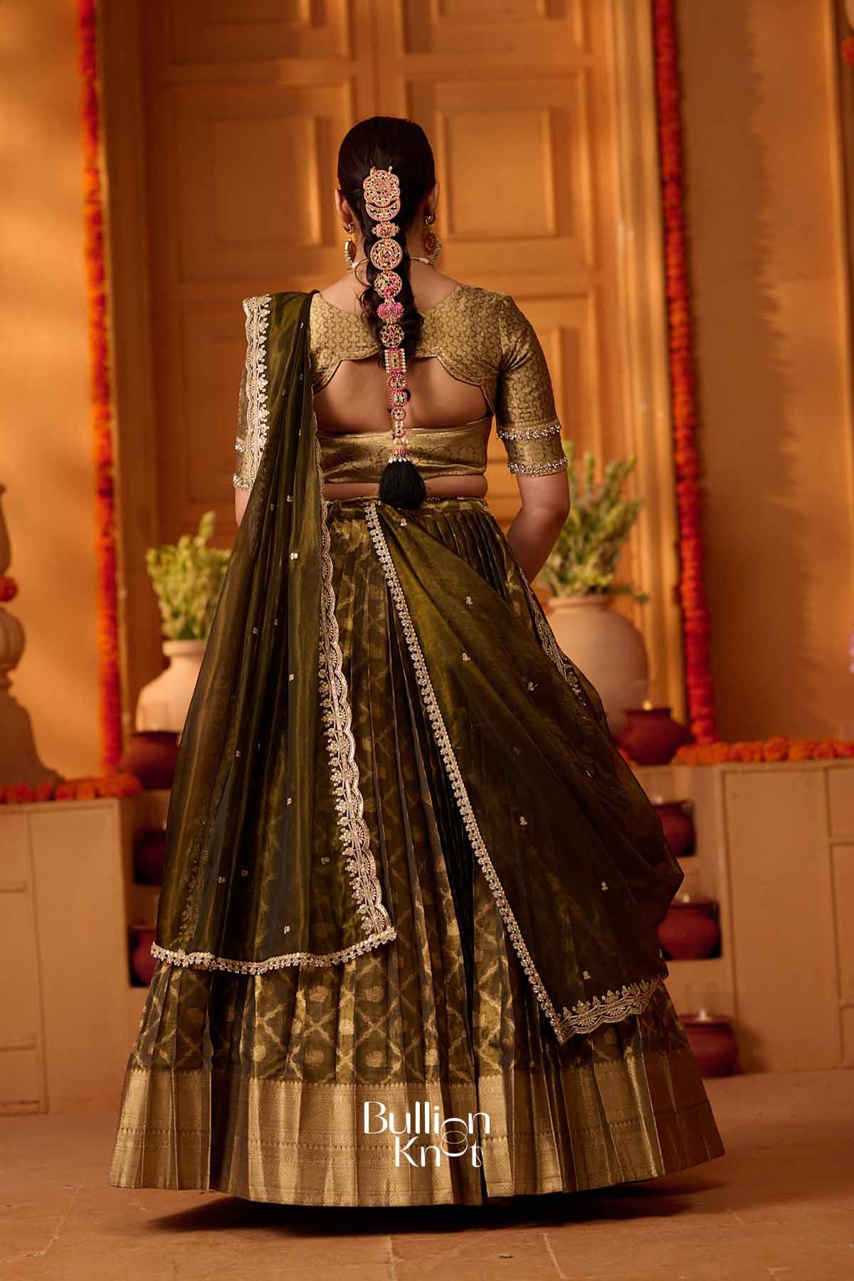 Vansona | Banarasi silk Olive Green Lehenga Set for Festive Wedding