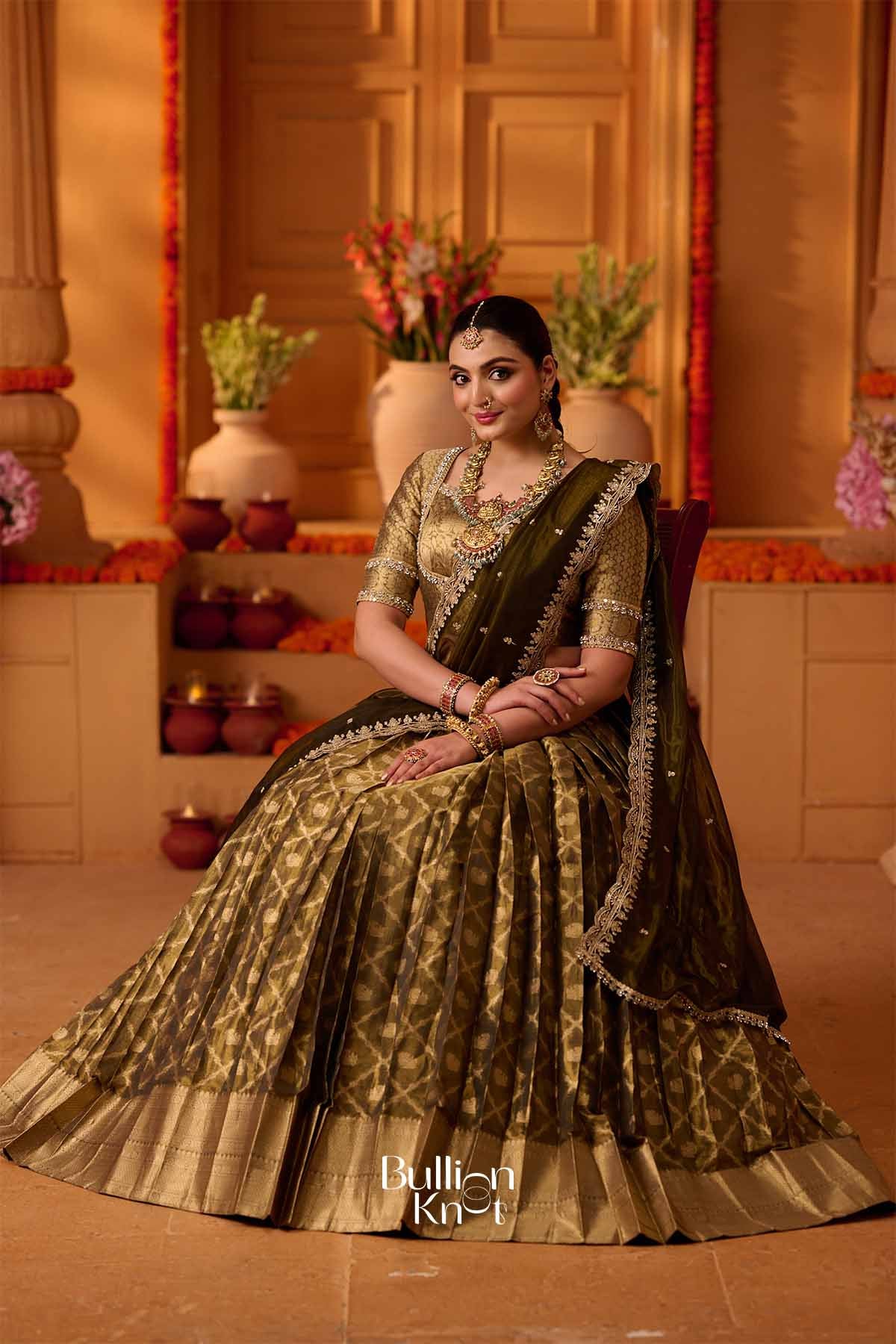 Vansona | Banarasi silk Olive Green Lehenga Set for Festive Wedding