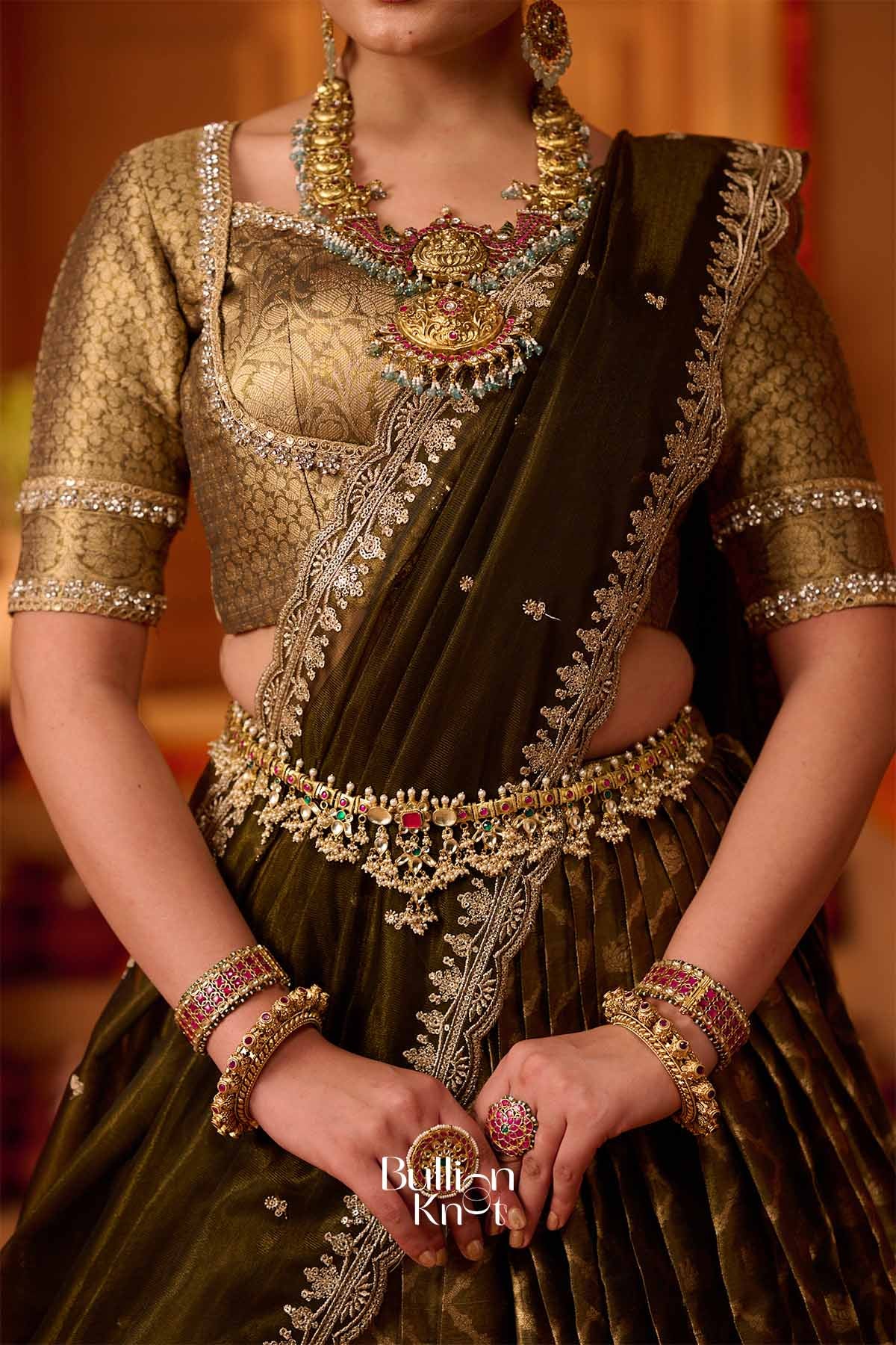 Vansona | Banarasi silk Olive Green Lehenga Set for Festive Wedding
