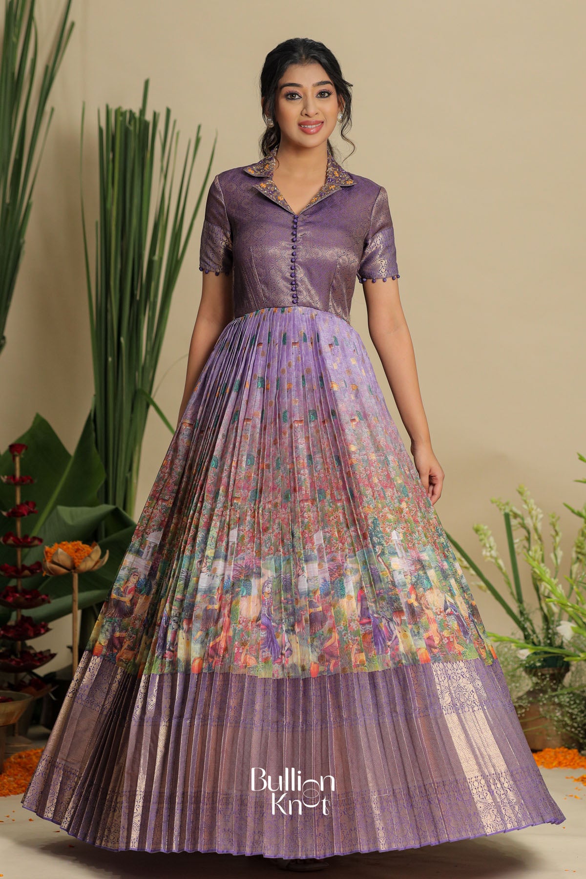 Buy New Trending Gown|Vedika Kota Zari Pattu Lavender Collar Neckline Gown Dress