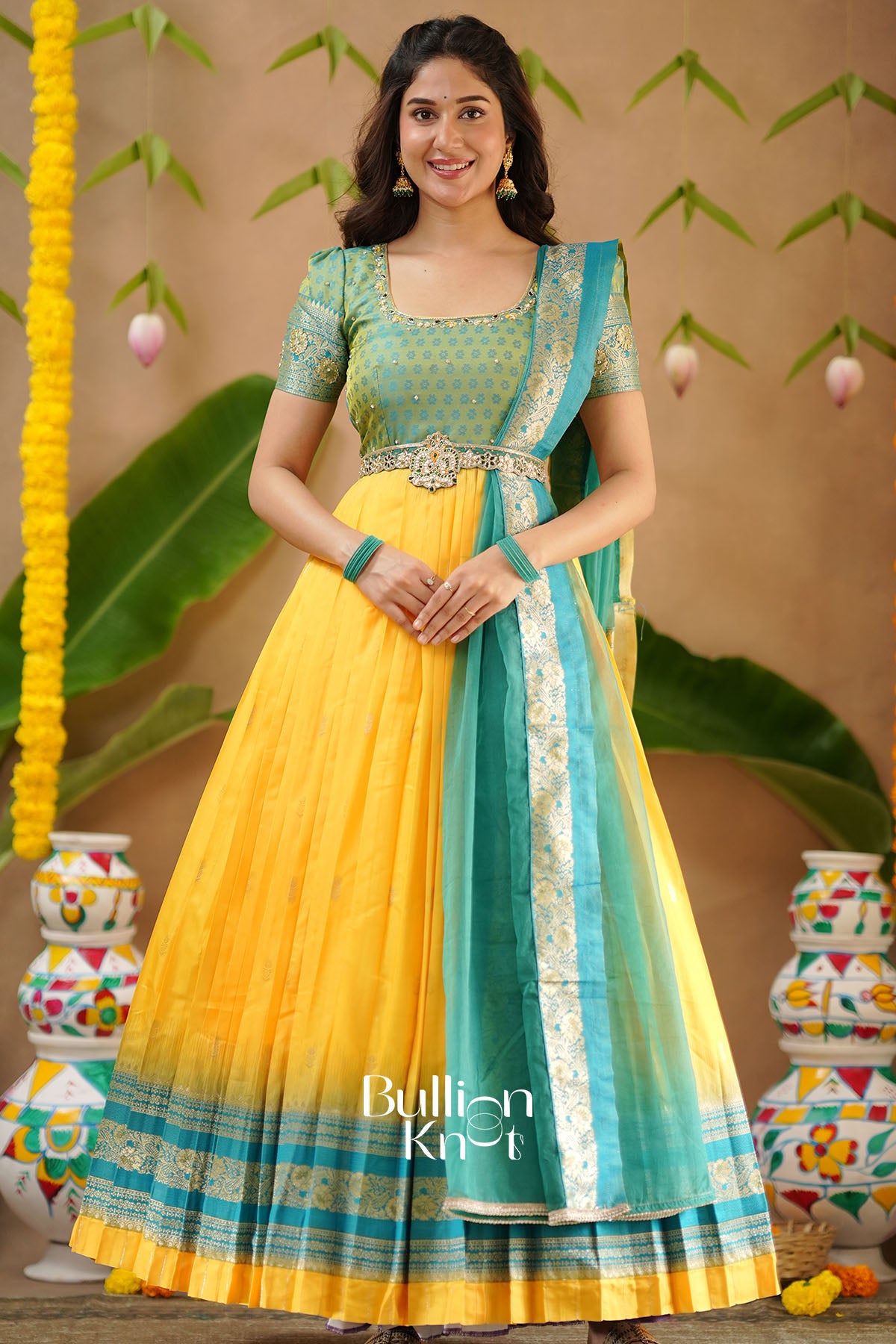 Yogita Banarasi Silk Pattu Yellow Anarkali Dress With Dupatta
