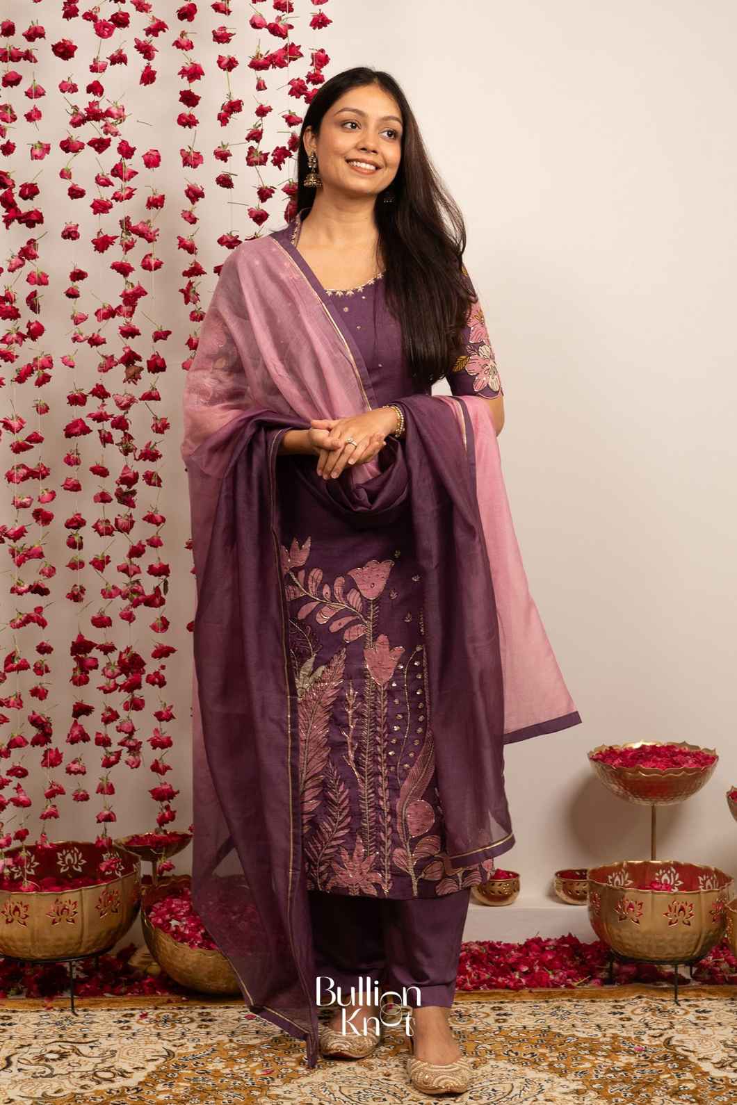 zaribaag Pan Kalamkari Dark Onion Suit Set for Elegant Looks