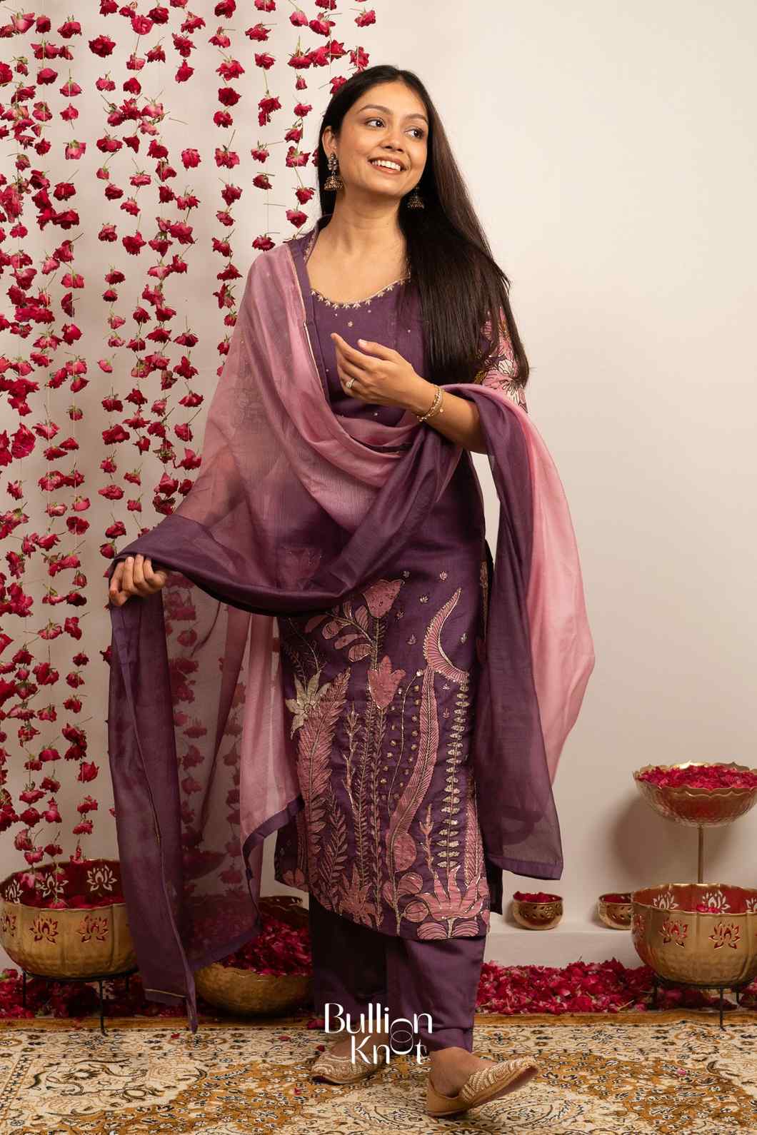 zaribaag Pan Kalamkari Dark Onion Suit Set for Elegant Looks