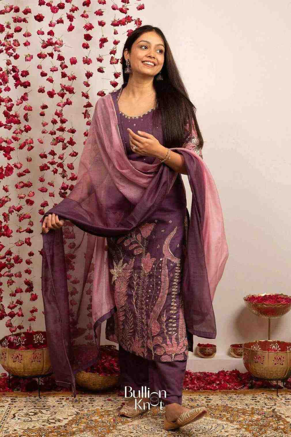 zaribaag Pan Kalamkari Dark Onion Suit Set for Elegant Looks