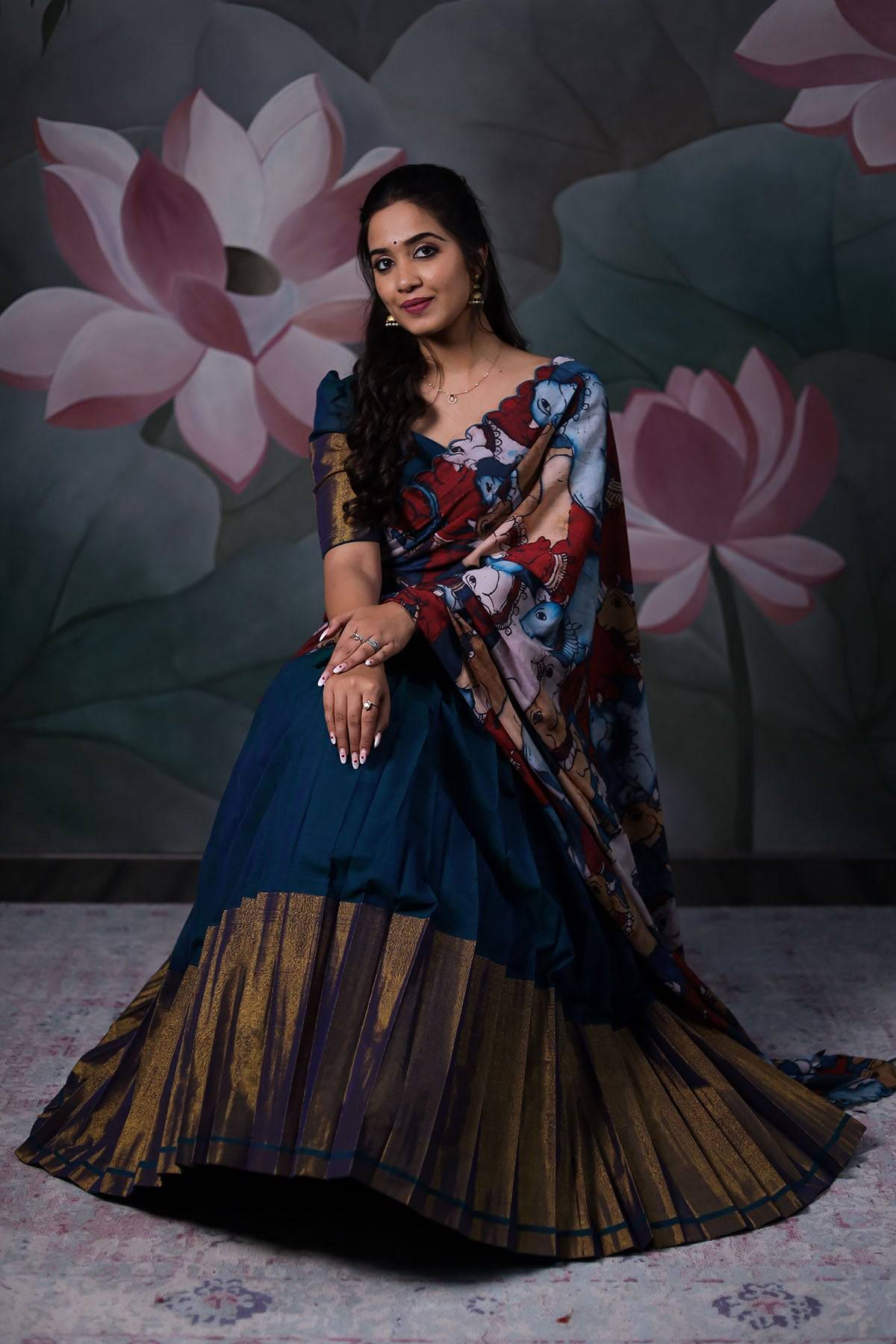 a model with dark blue Handloom Lehenga dress with cotton dupatta from Bullionknot