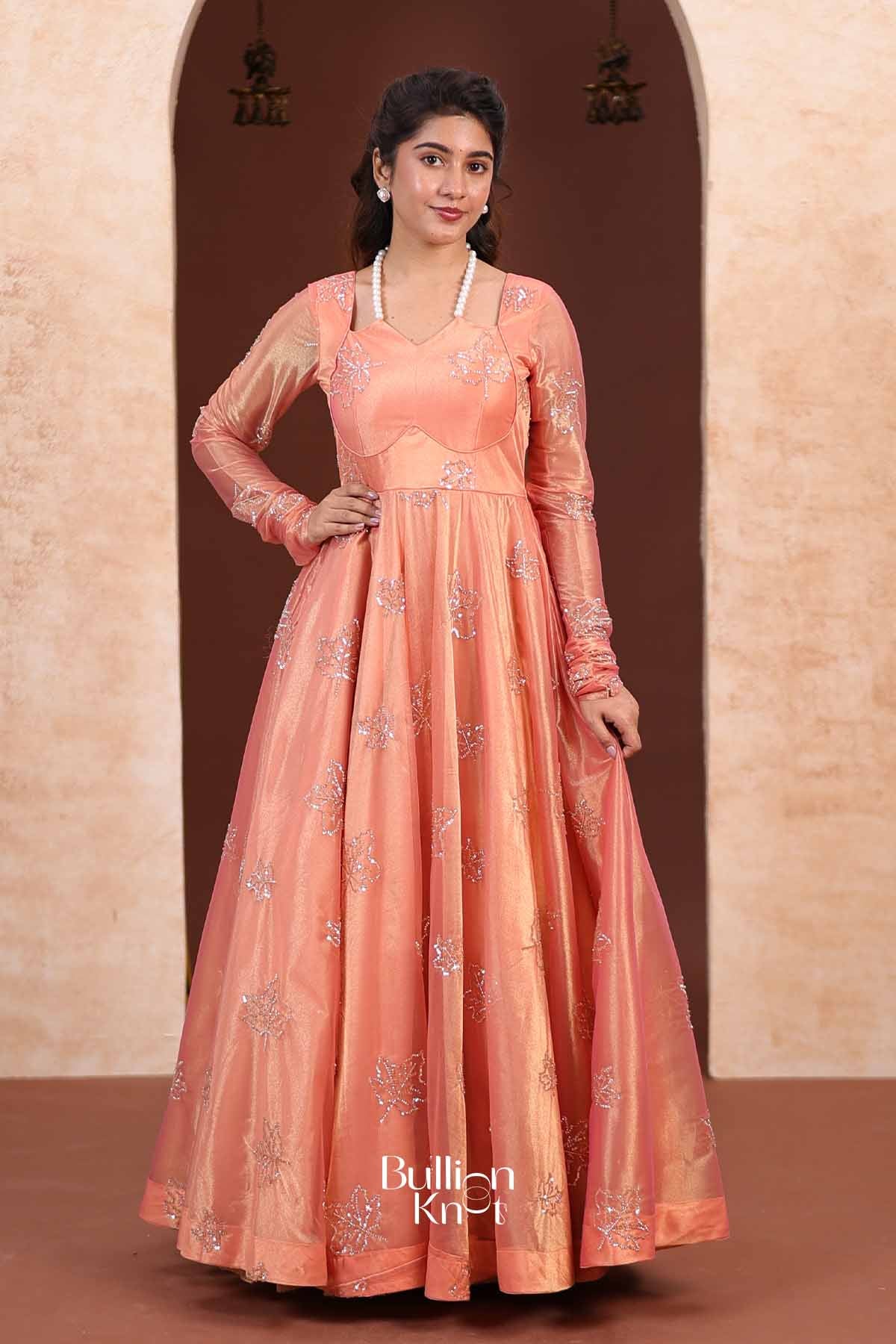 Autumn Leaf | Tissue Silk Silver Embroidered Peach Coral Indo-Western Anarkali Gown for Engagement